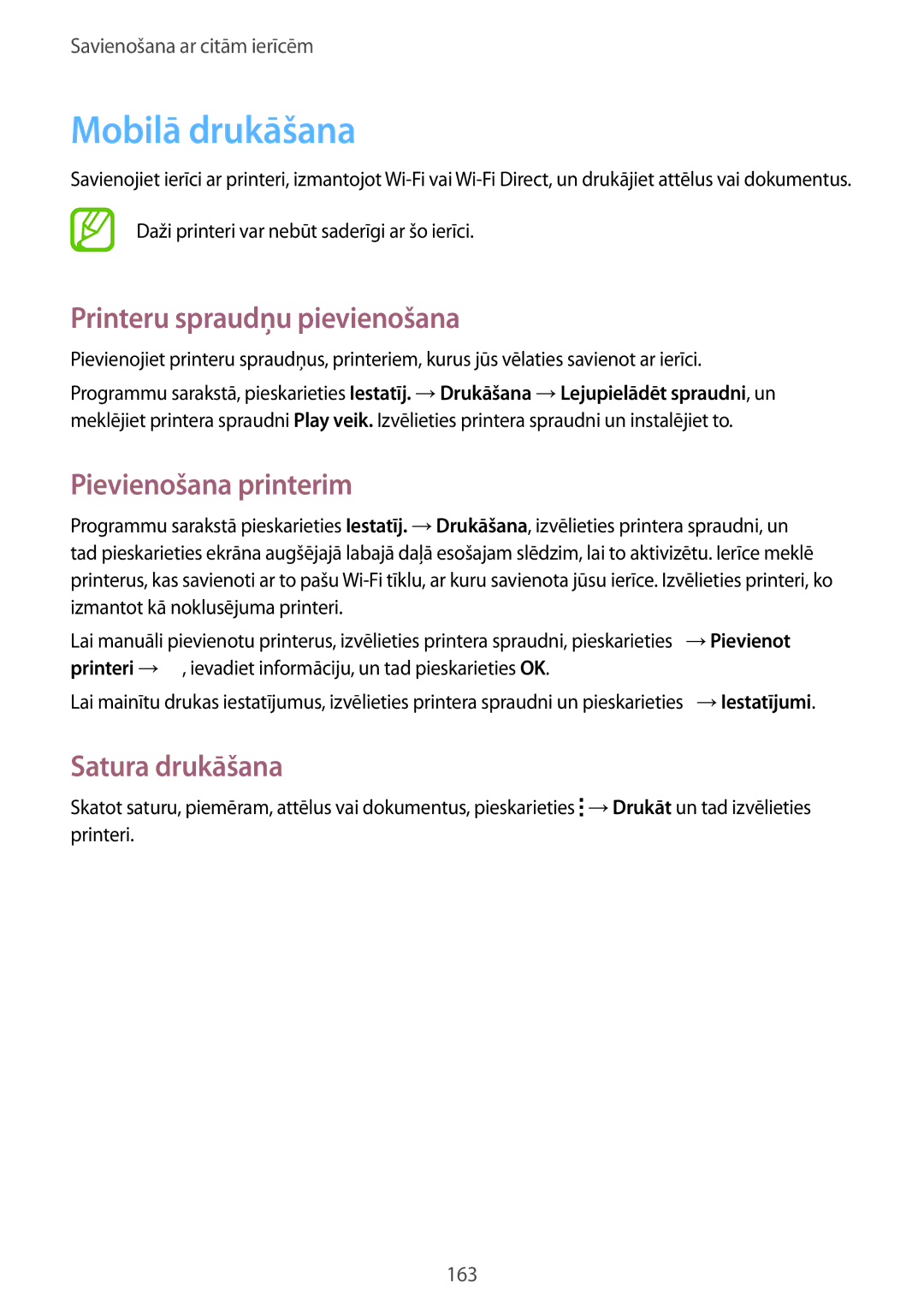 Samsung SM-G850FZBESEB manual Mobilā drukāšana, Printeru spraudņu pievienošana, Pievienošana printerim, Satura drukāšana 