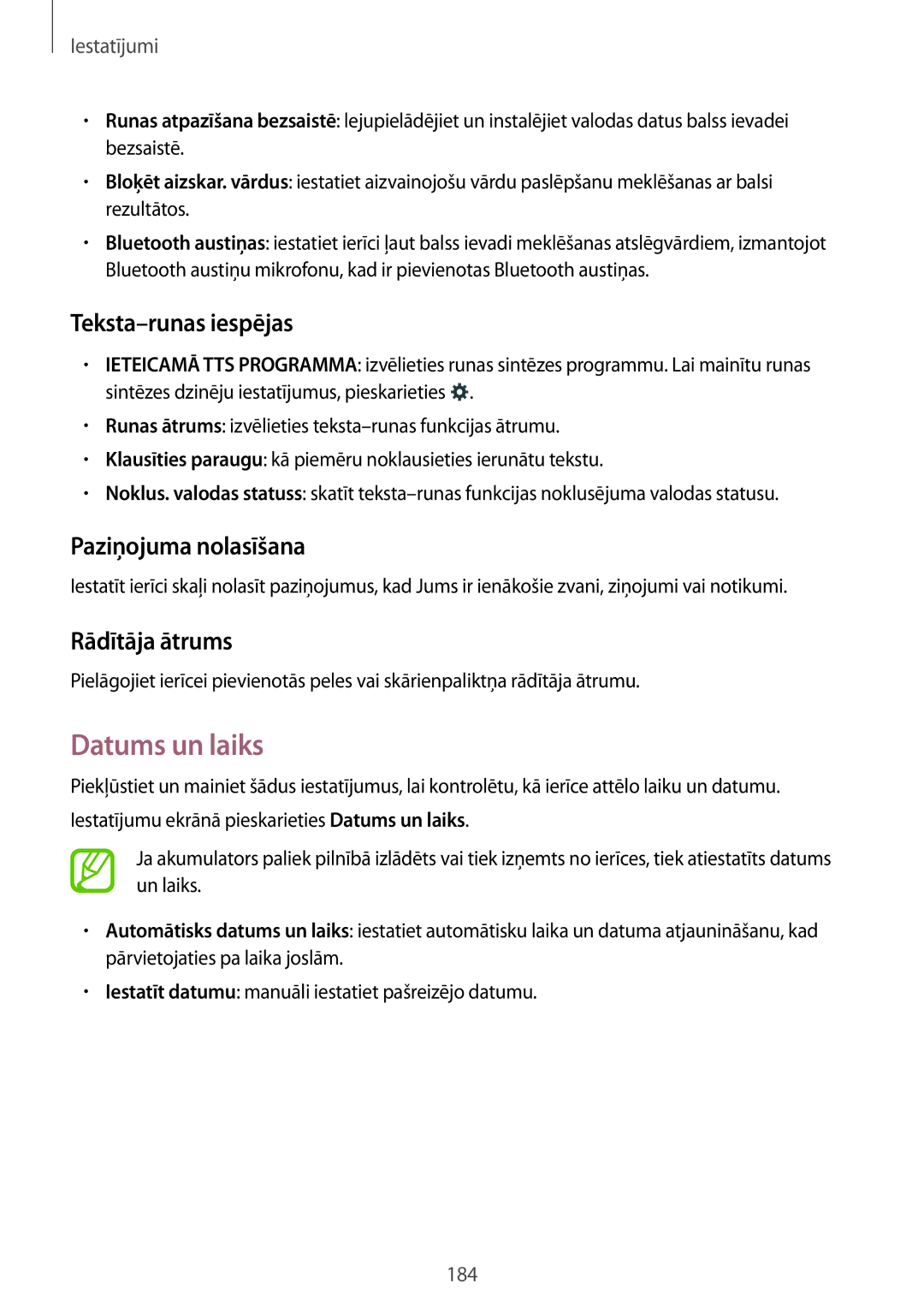 Samsung SM-G850FZKESEB, SM-G850FZDESEB manual Datums un laiks, Teksta-runas iespējas, Paziņojuma nolasīšana, Rādītāja ātrums 