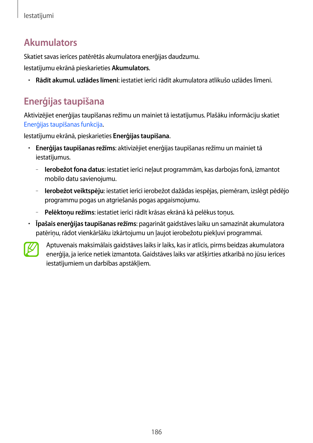 Samsung SM-G850FZWESEB, SM-G850FZDESEB, SM-G850FHSESEB, SM-G850FZBESEB, SM-G850FZKESEB manual Akumulators, Enerģijas taupīšana 