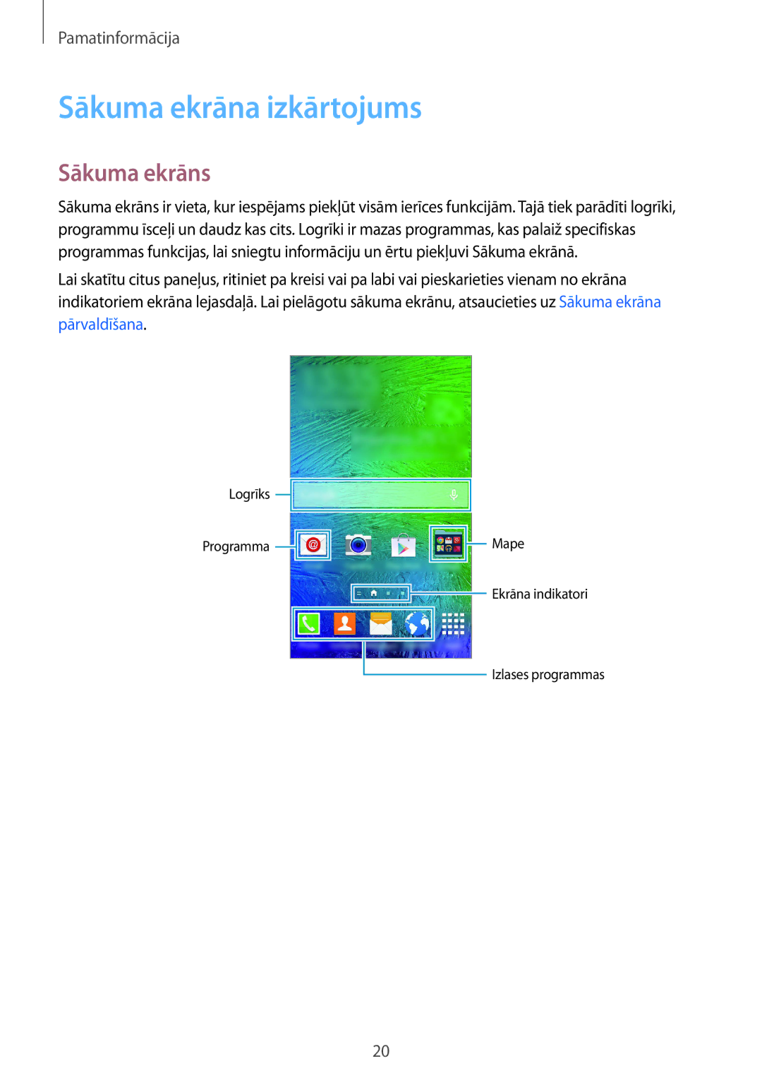 Samsung SM-G850FZDESEB, SM-G850FZWESEB, SM-G850FHSESEB, SM-G850FZBESEB manual Sākuma ekrāna izkārtojums, Sākuma ekrāns 