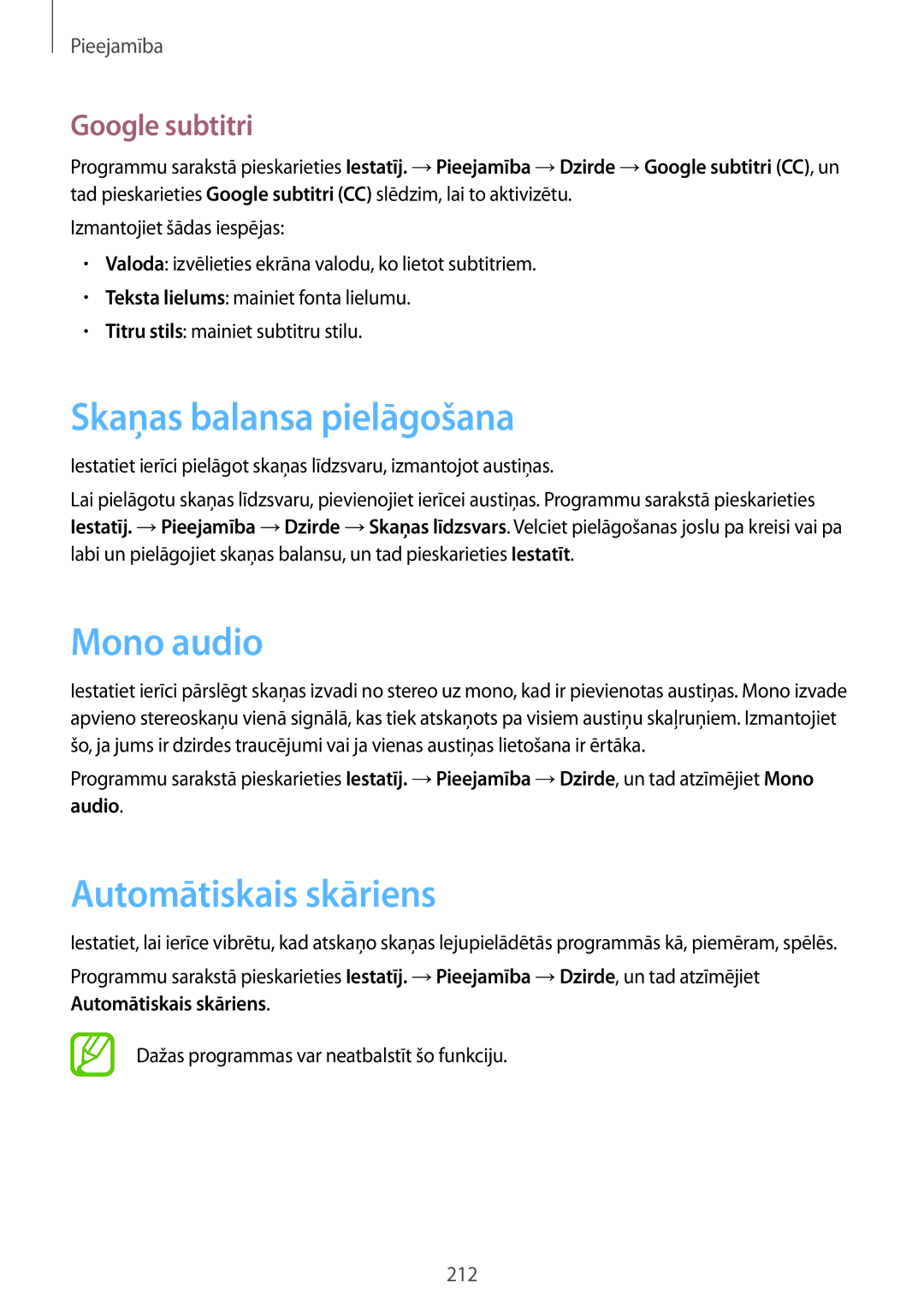 Samsung SM-G850FHSESEB, SM-G850FZDESEB Skaņas balansa pielāgošana, Mono audio, Automātiskais skāriens, Google subtitri 