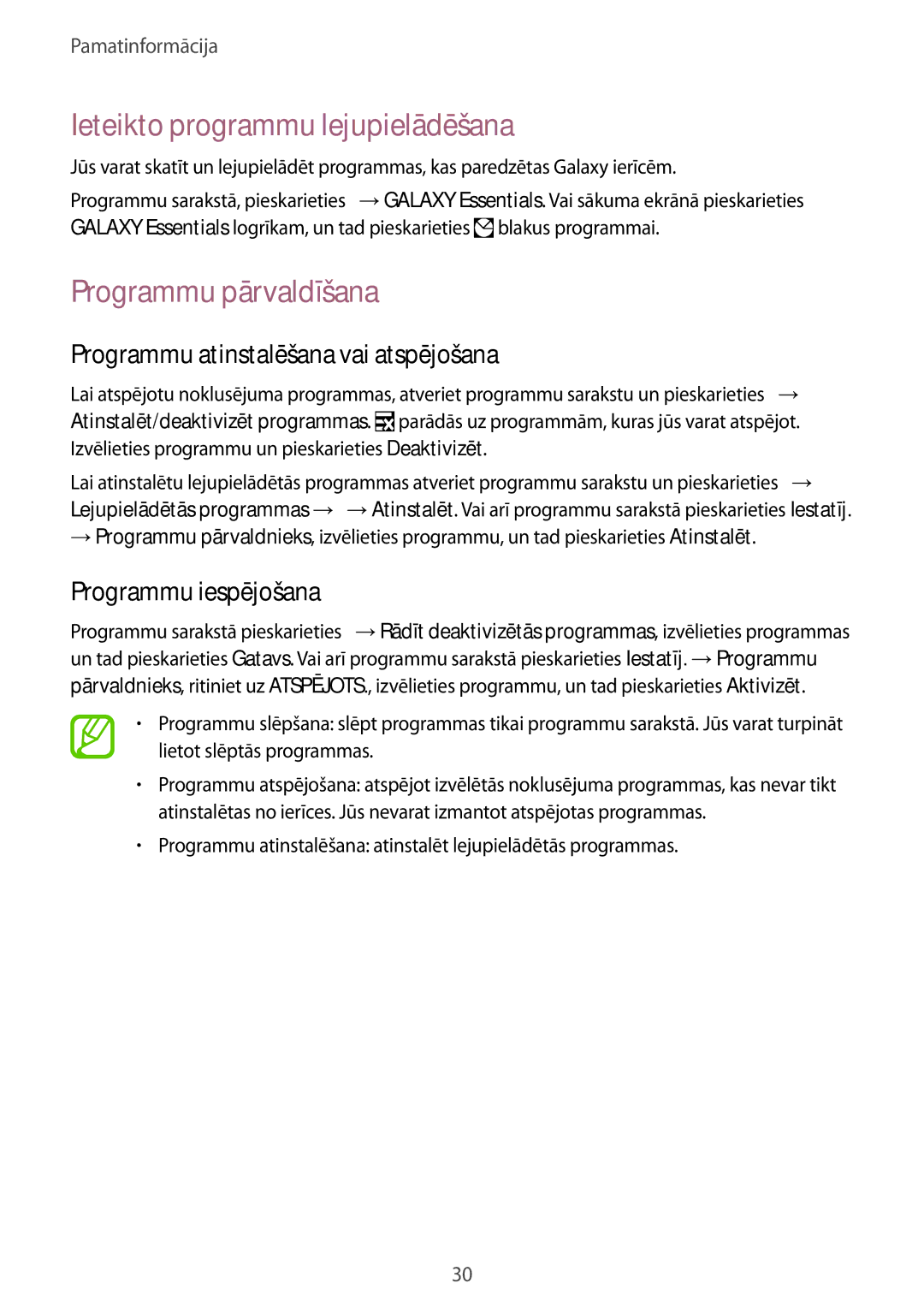 Samsung SM-G850FZDESEB Ieteikto programmu lejupielādēšana, Programmu pārvaldīšana, Programmu atinstalēšana vai atspējošana 