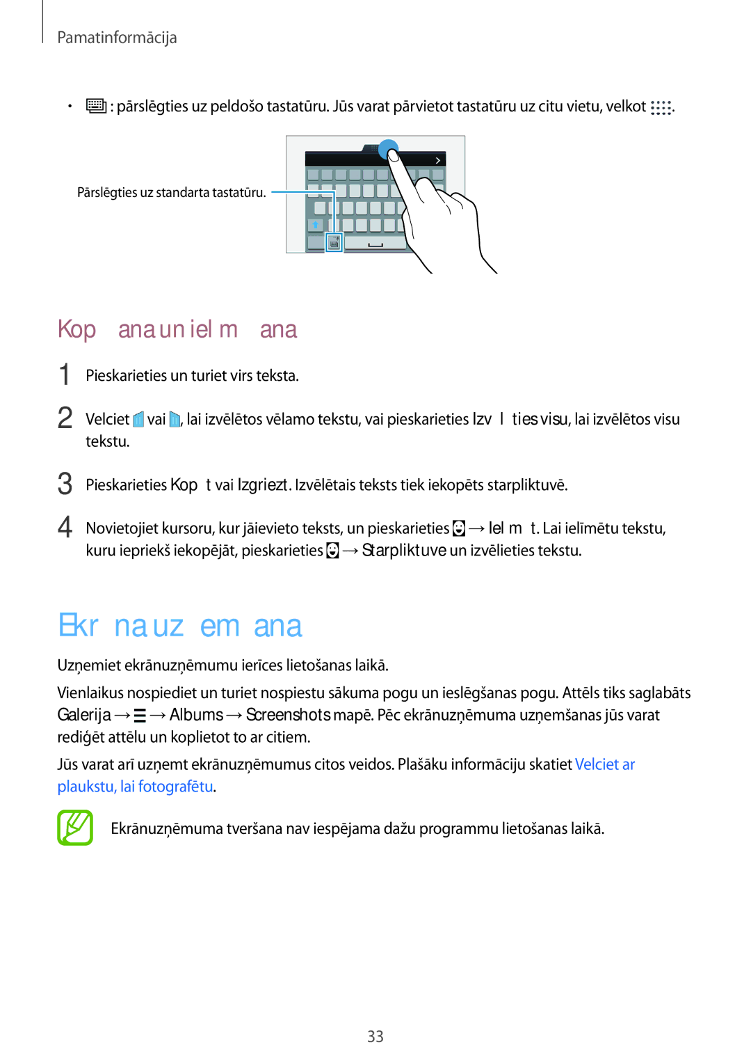 Samsung SM-G850FZBESEB, SM-G850FZDESEB, SM-G850FZWESEB, SM-G850FHSESEB manual Ekrāna uzņemšana, Kopēšana un ielīmēšana 