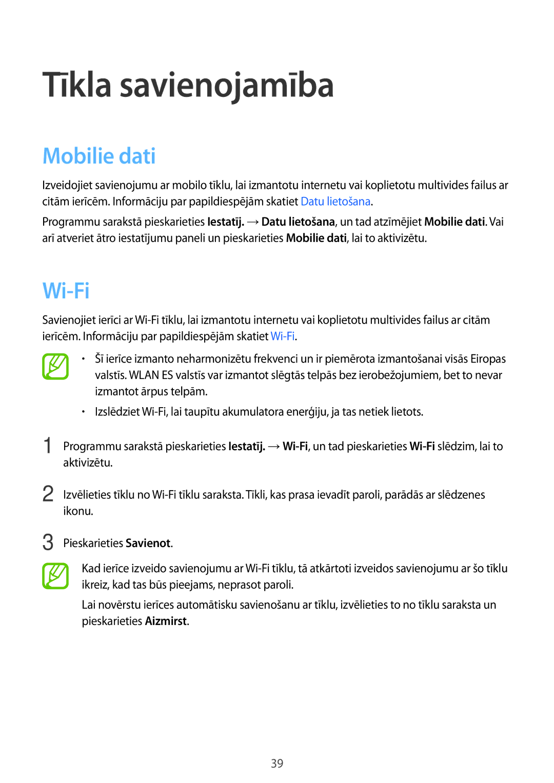 Samsung SM-G850FZKESEB, SM-G850FZDESEB, SM-G850FZWESEB, SM-G850FHSESEB manual Tīkla savienojamība, Mobilie dati, Wi-Fi 