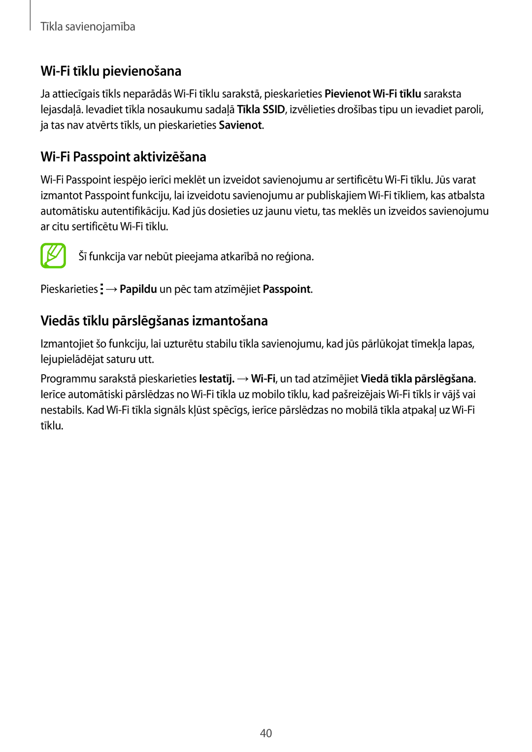 Samsung SM-G850FZDESEB manual Wi-Fi tīklu pievienošana, Wi-Fi Passpoint aktivizēšana, Viedās tīklu pārslēgšanas izmantošana 