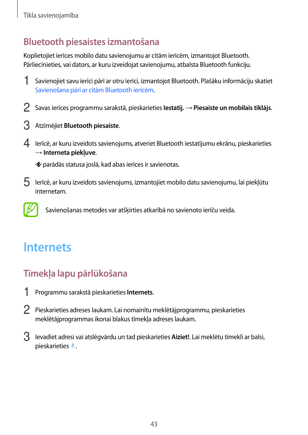 Samsung SM-G850FZBESEB manual Internets, Bluetooth piesaistes izmantošana, Tīmekļa lapu pārlūkošana, → Interneta piekļuve 