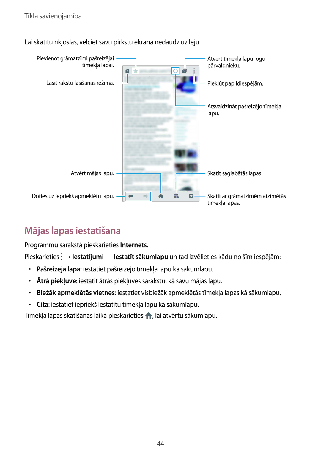 Samsung SM-G850FZKESEB, SM-G850FZDESEB, SM-G850FZWESEB, SM-G850FHSESEB, SM-G850FZBESEB manual Mājas lapas iestatīšana 