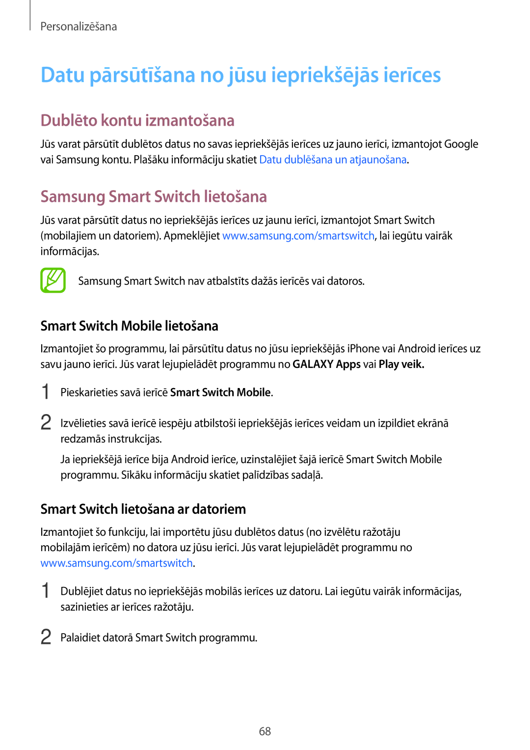 Samsung SM-G850FZBESEB, SM-G850FZDESEB manual Datu pārsūtīšana no jūsu iepriekšējās ierīces, Dublēto kontu izmantošana 