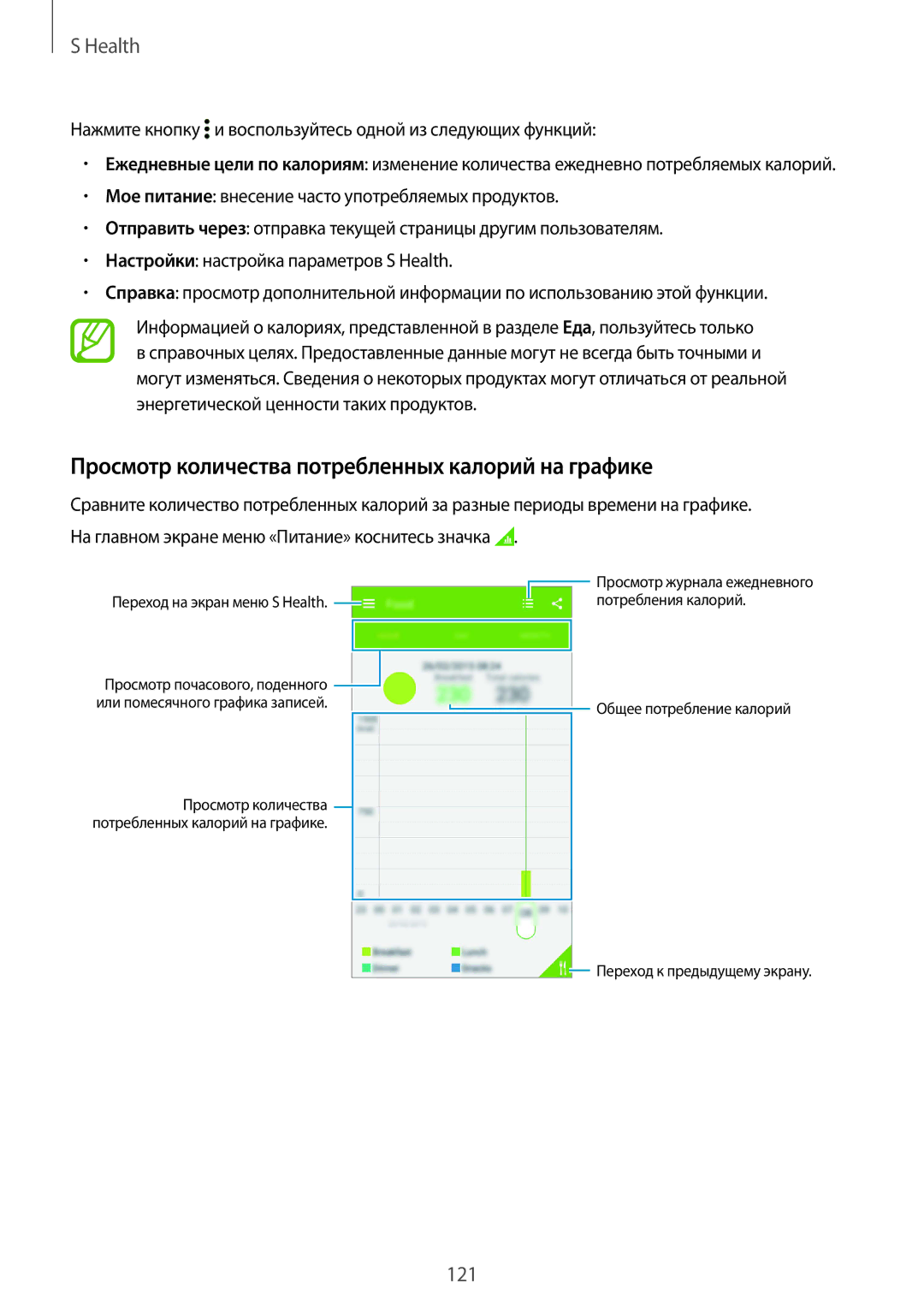 Samsung SM-G850FZKESEB manual Просмотр количества потребленных калорий на графике, Энергетической ценности таких продуктов 