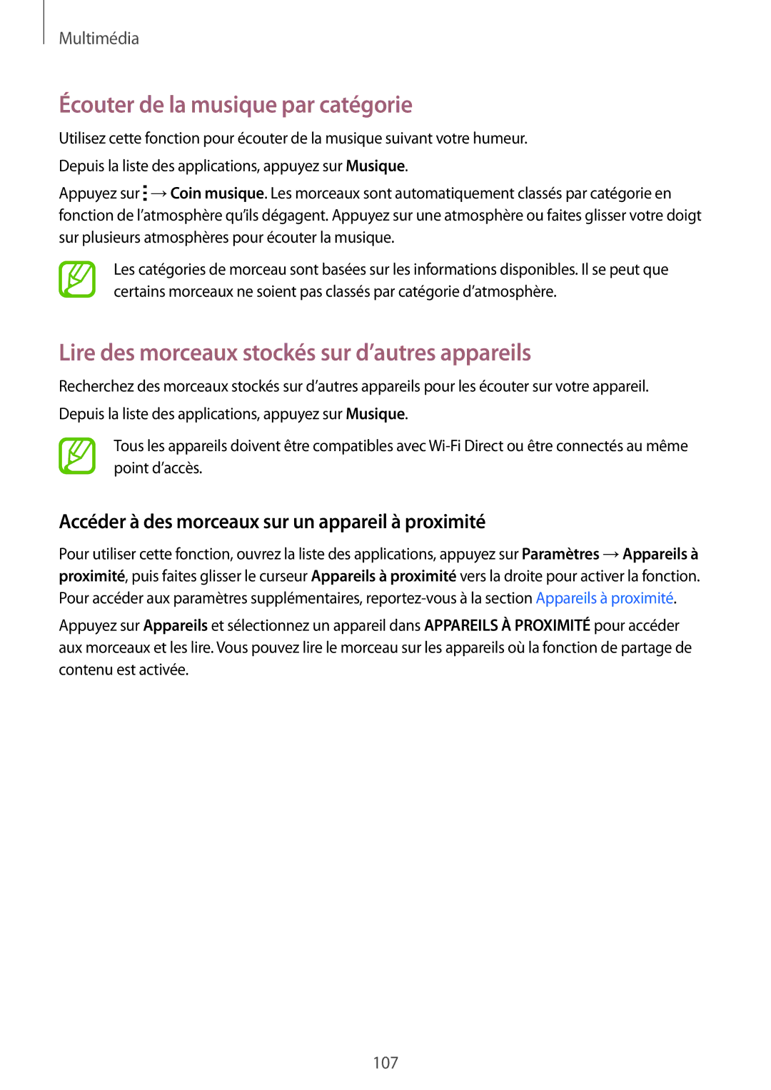 Samsung SM-G850FHSESFR manual Écouter de la musique par catégorie, Lire des morceaux stockés sur d’autres appareils 