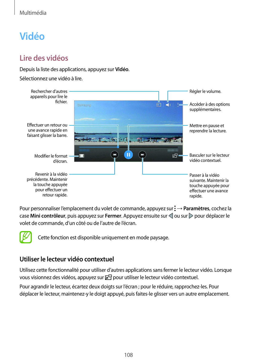 Samsung SM-G850FZKEXEF, SM-G850FHSEBOG, SM-G850FZDESFR manual Vidéo, Lire des vidéos, Utiliser le lecteur vidéo contextuel 