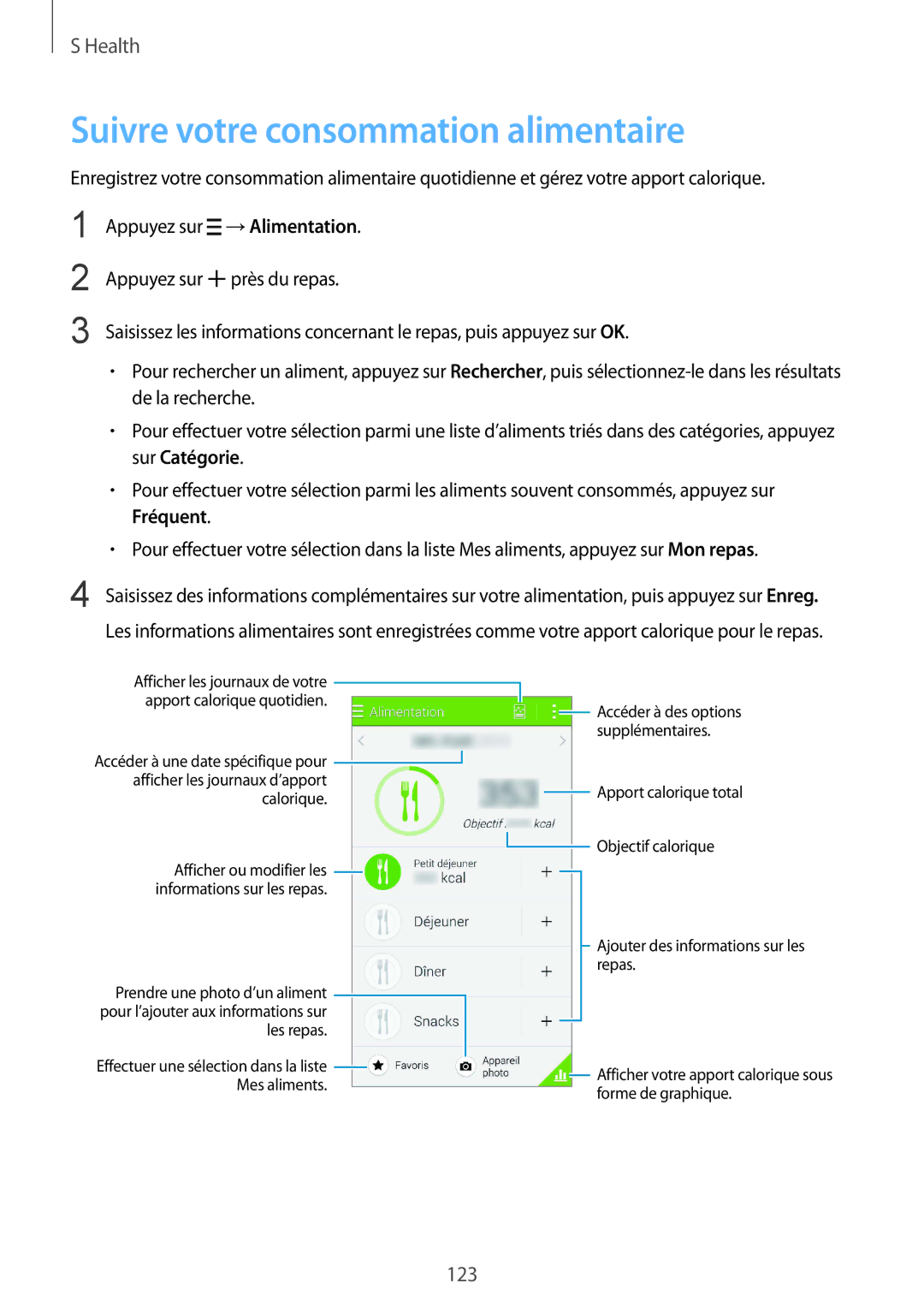 Samsung SM-G850FZDEXEF, SM-G850FZKEXEF, SM-G850FHSEBOG, SM-G850FZDESFR manual Suivre votre consommation alimentaire, Calorique 