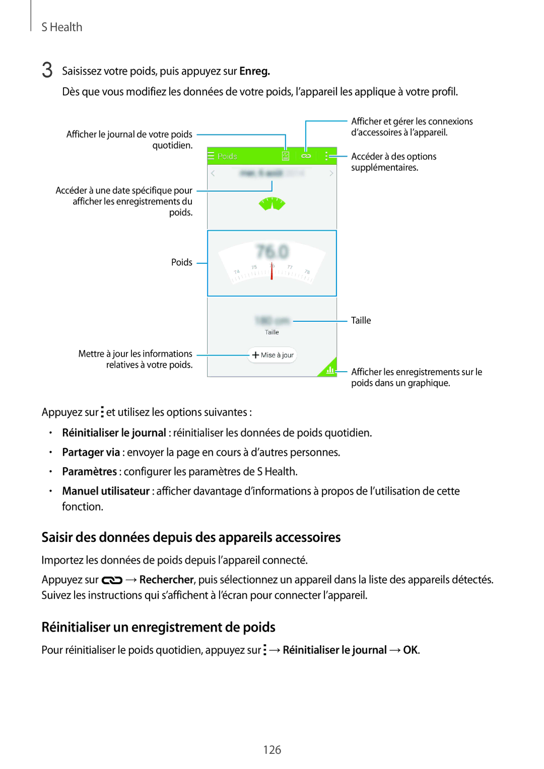 Samsung SM-G850FZKEXEF manual Saisir des données depuis des appareils accessoires, Réinitialiser un enregistrement de poids 