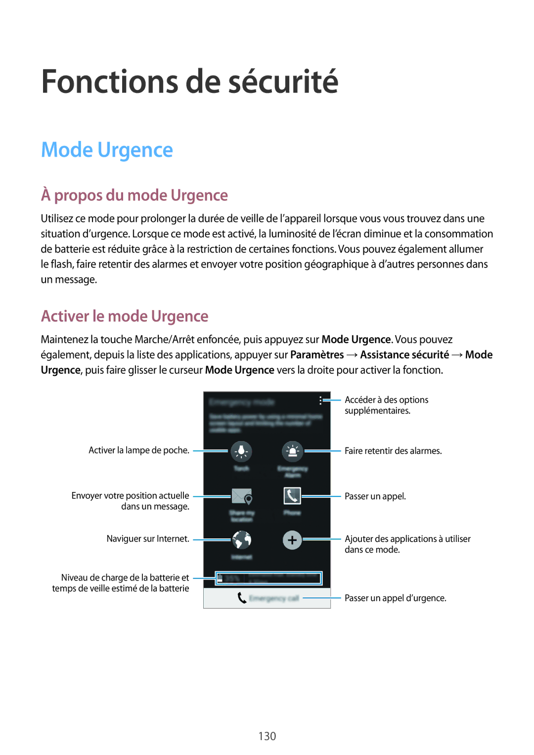 Samsung SM-G850FZDEBOG manual Fonctions de sécurité, Mode Urgence, Propos du mode Urgence, Activer le mode Urgence 