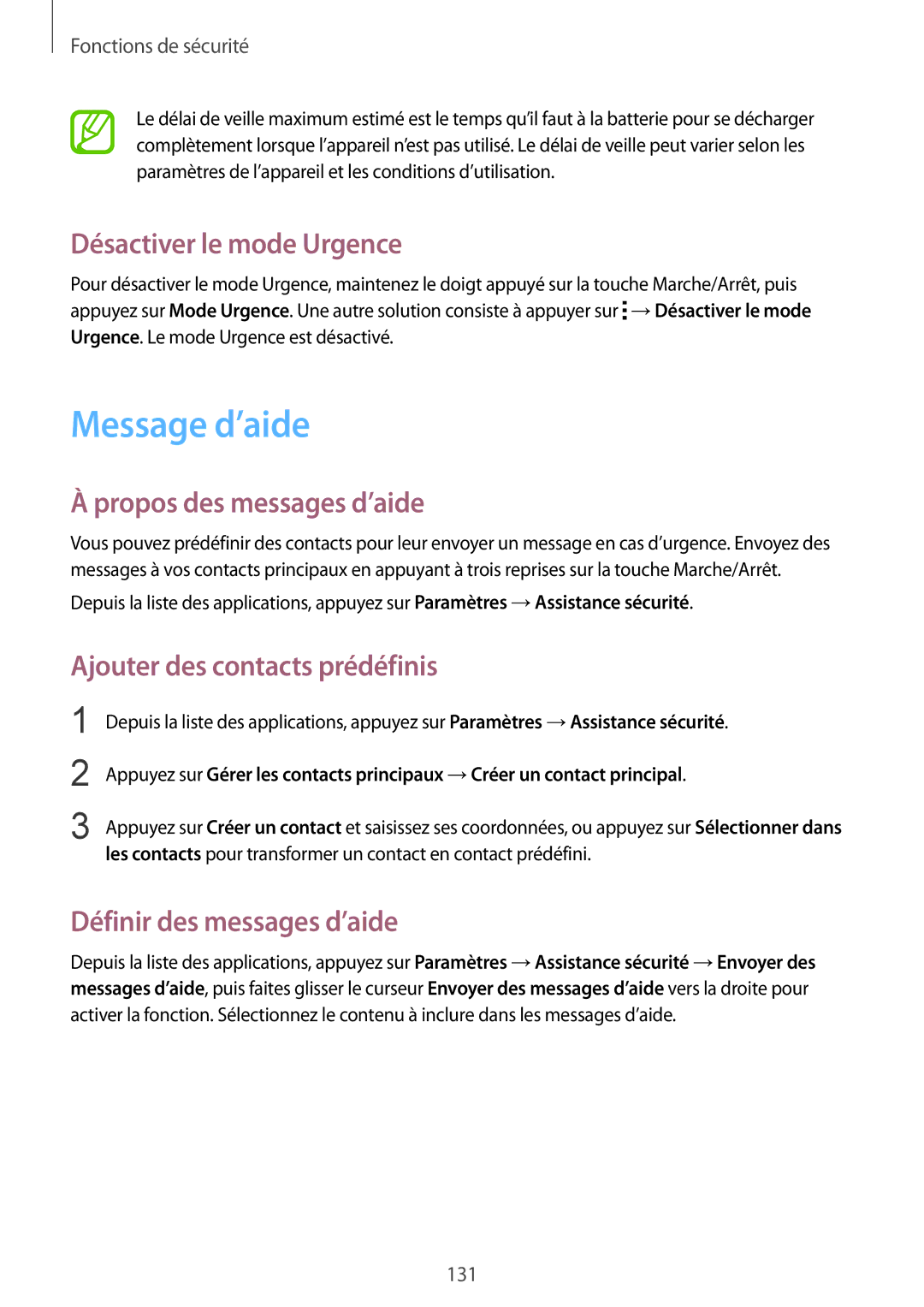 Samsung SM-G850FHSEFTM Message d’aide, Désactiver le mode Urgence, Propos des messages d’aide, Définir des messages d’aide 