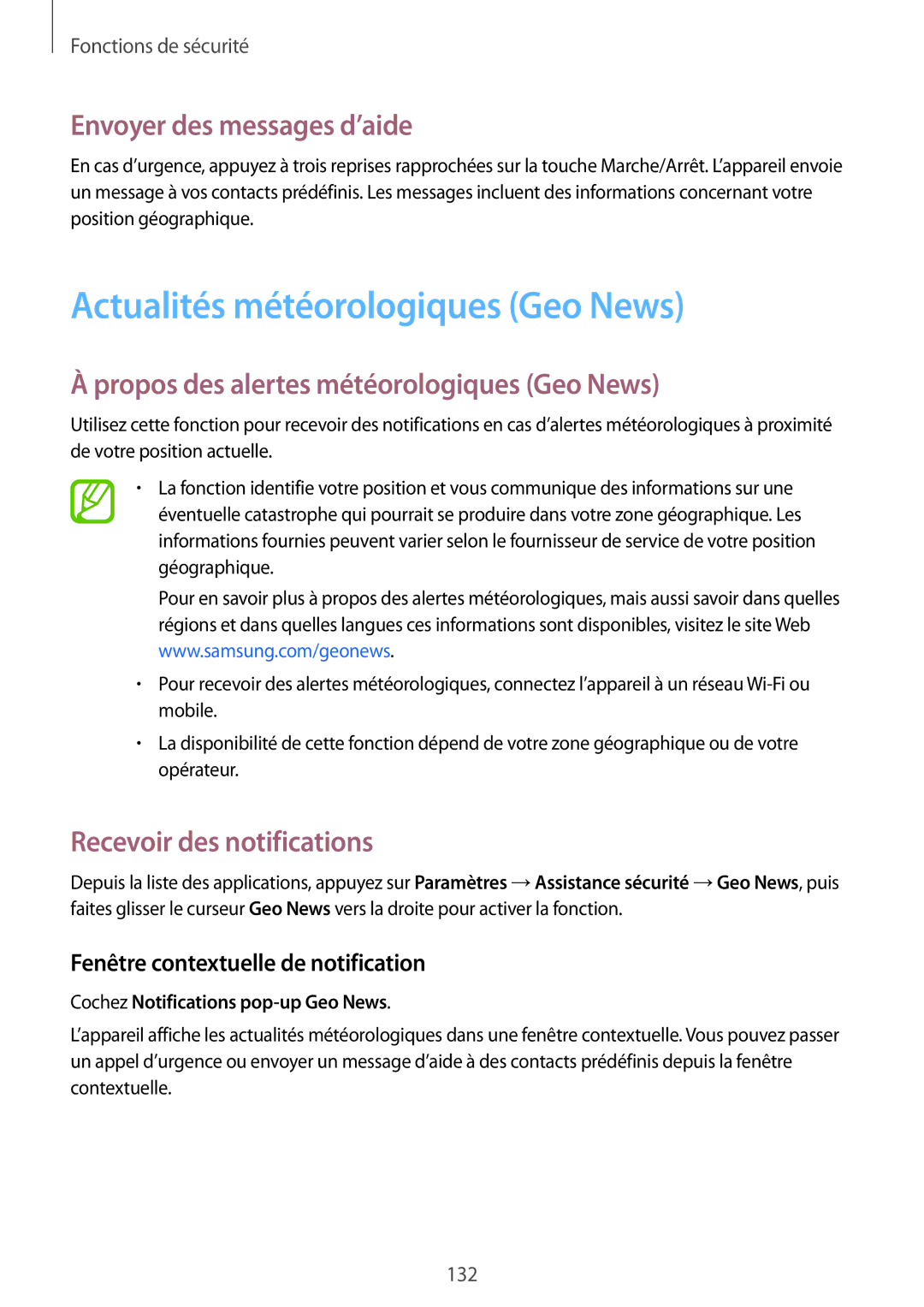 Samsung SM-G850FZDEXEF manual Actualités météorologiques Geo News, Envoyer des messages d’aide, Recevoir des notifications 