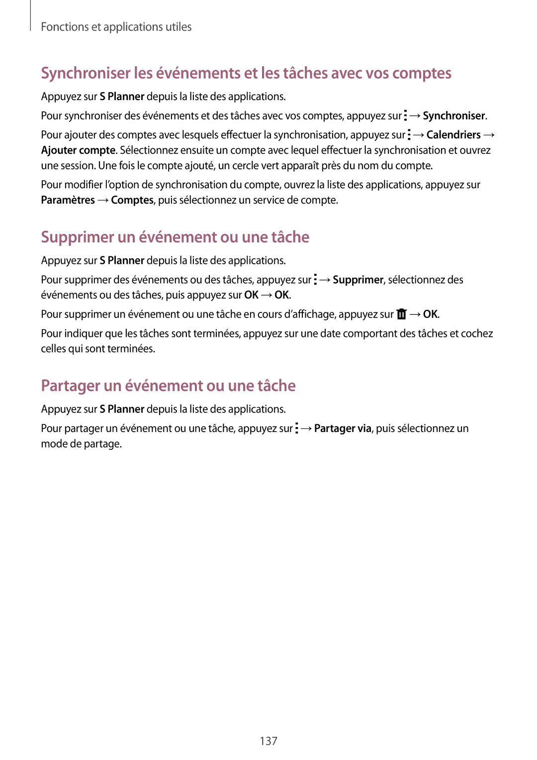 Samsung SM-G850FZDESFR Synchroniser les événements et les tâches avec vos comptes, Supprimer un événement ou une tâche 