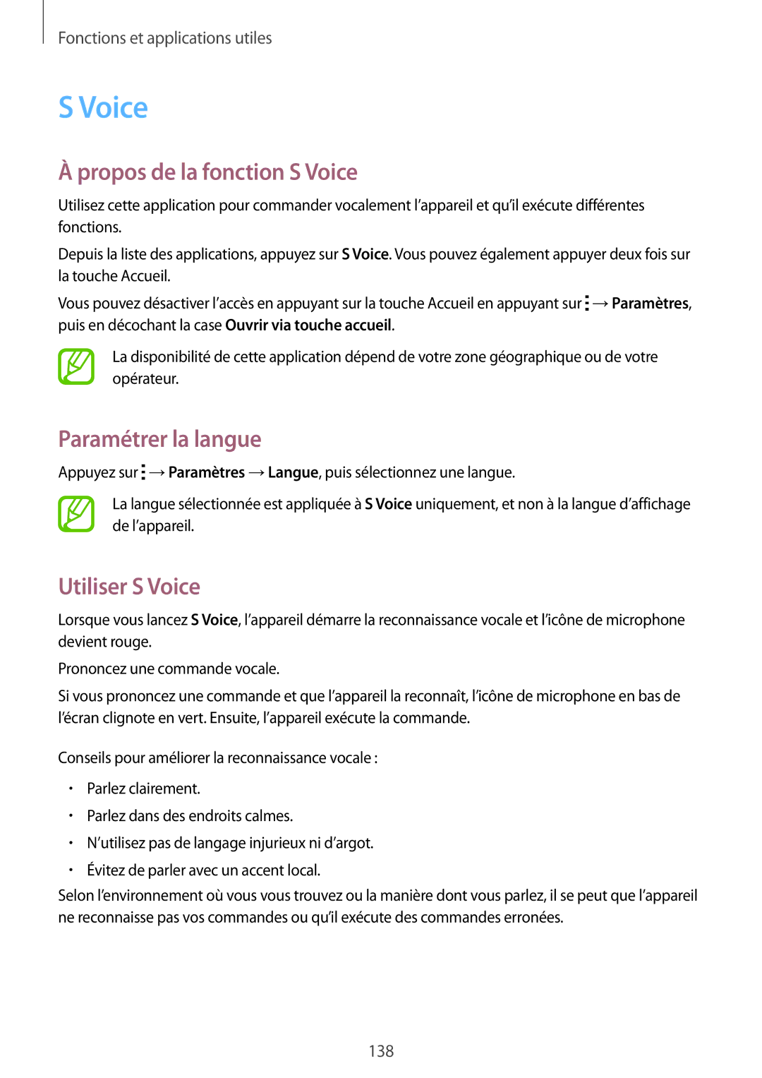 Samsung SM-G850FHSEXEF, SM-G850FZKEXEF manual Propos de la fonction S Voice, Paramétrer la langue, Utiliser S Voice 