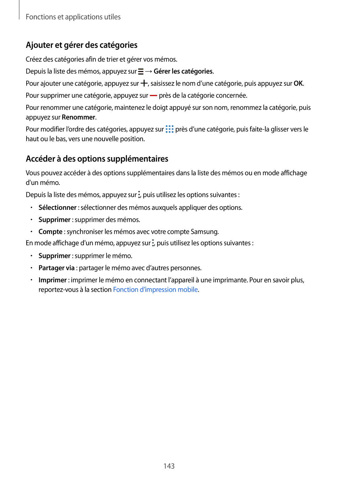 Samsung SM-G850FHSESFR, SM-G850FZKEXEF manual Ajouter et gérer des catégories, Accéder à des options supplémentaires 