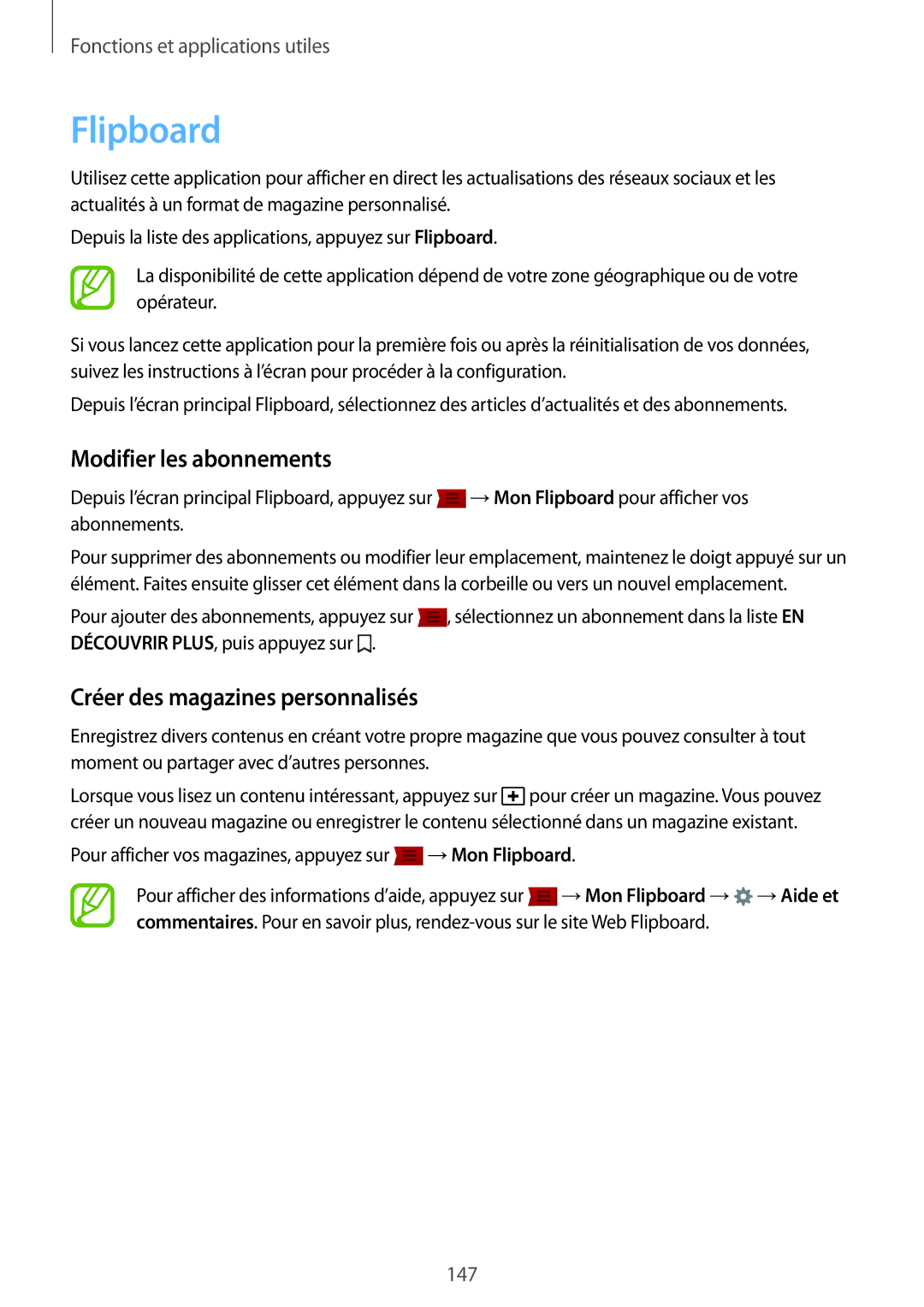 Samsung SM-G850FHSEXEF, SM-G850FZKEXEF manual Flipboard, Modifier les abonnements, Créer des magazines personnalisés 