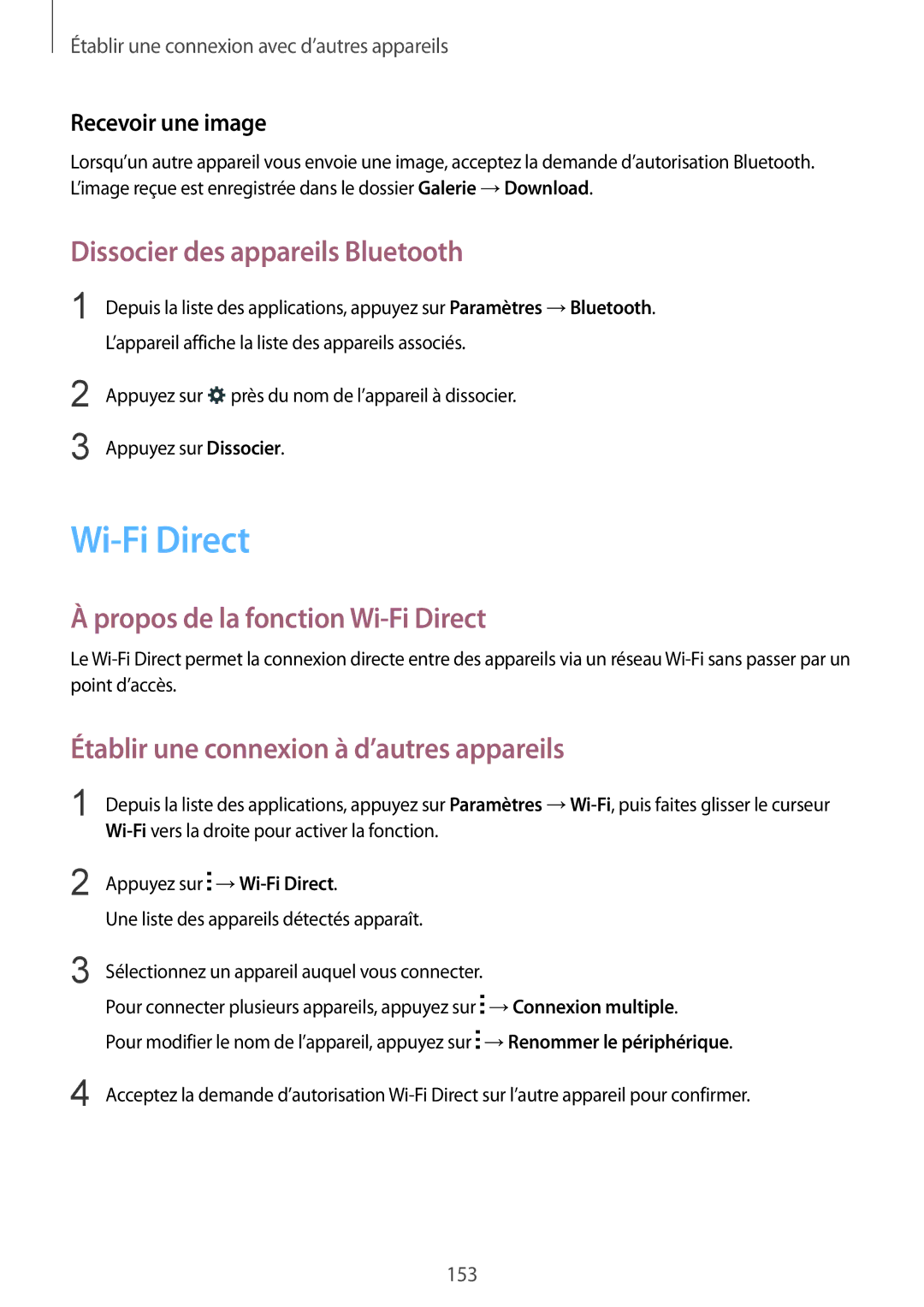 Samsung SM-G850FZKEXEF manual Dissocier des appareils Bluetooth, Propos de la fonction Wi-Fi Direct, Recevoir une image 