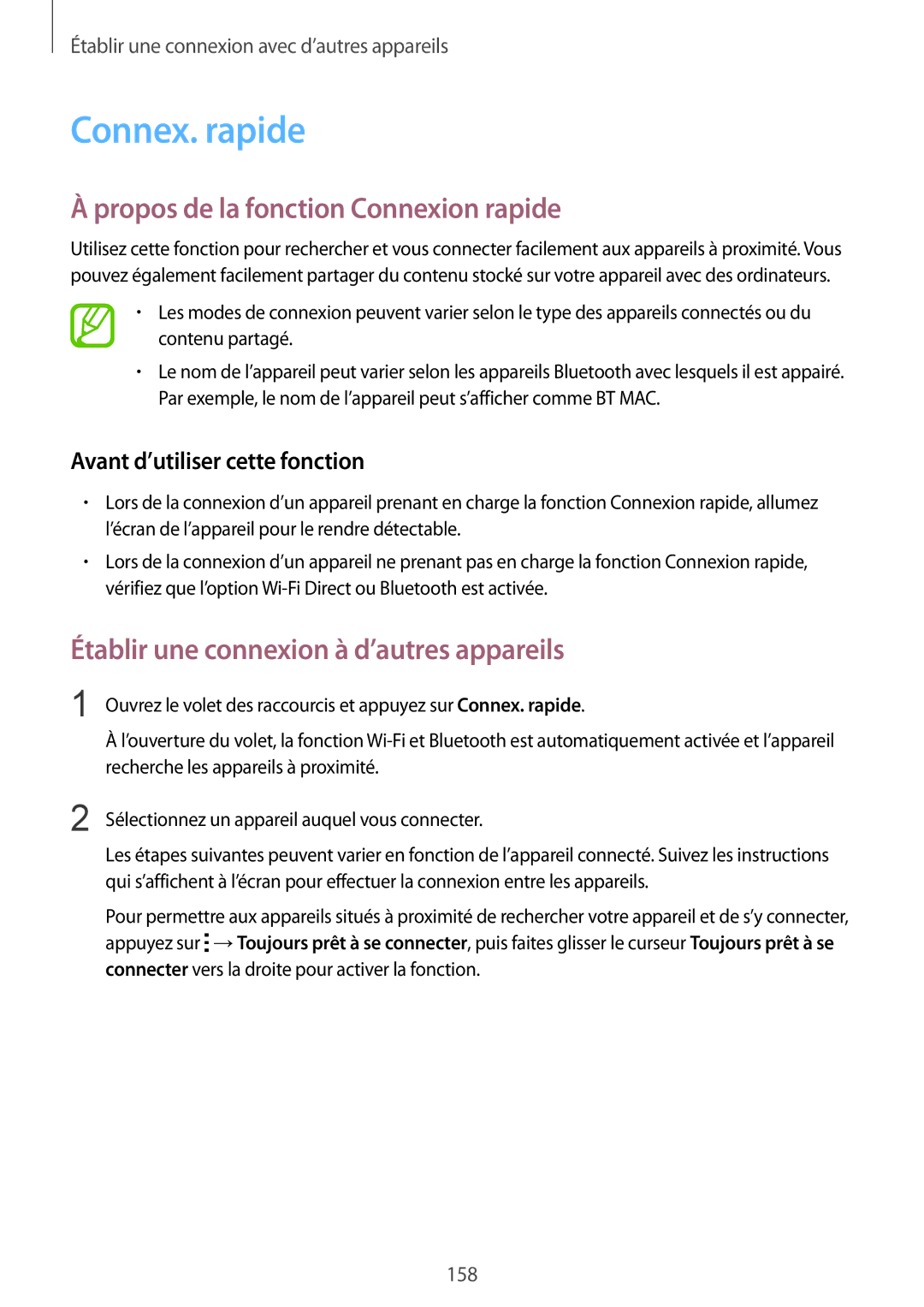 Samsung SM-G850FHSEFTM manual Connex. rapide, Propos de la fonction Connexion rapide, Avant d’utiliser cette fonction 