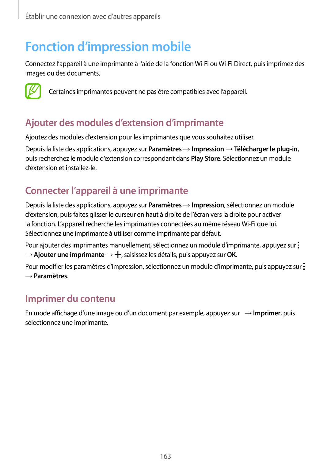 Samsung SM-G850FHSEBOG Fonction d’impression mobile, Ajouter des modules d’extension d’imprimante, Imprimer du contenu 