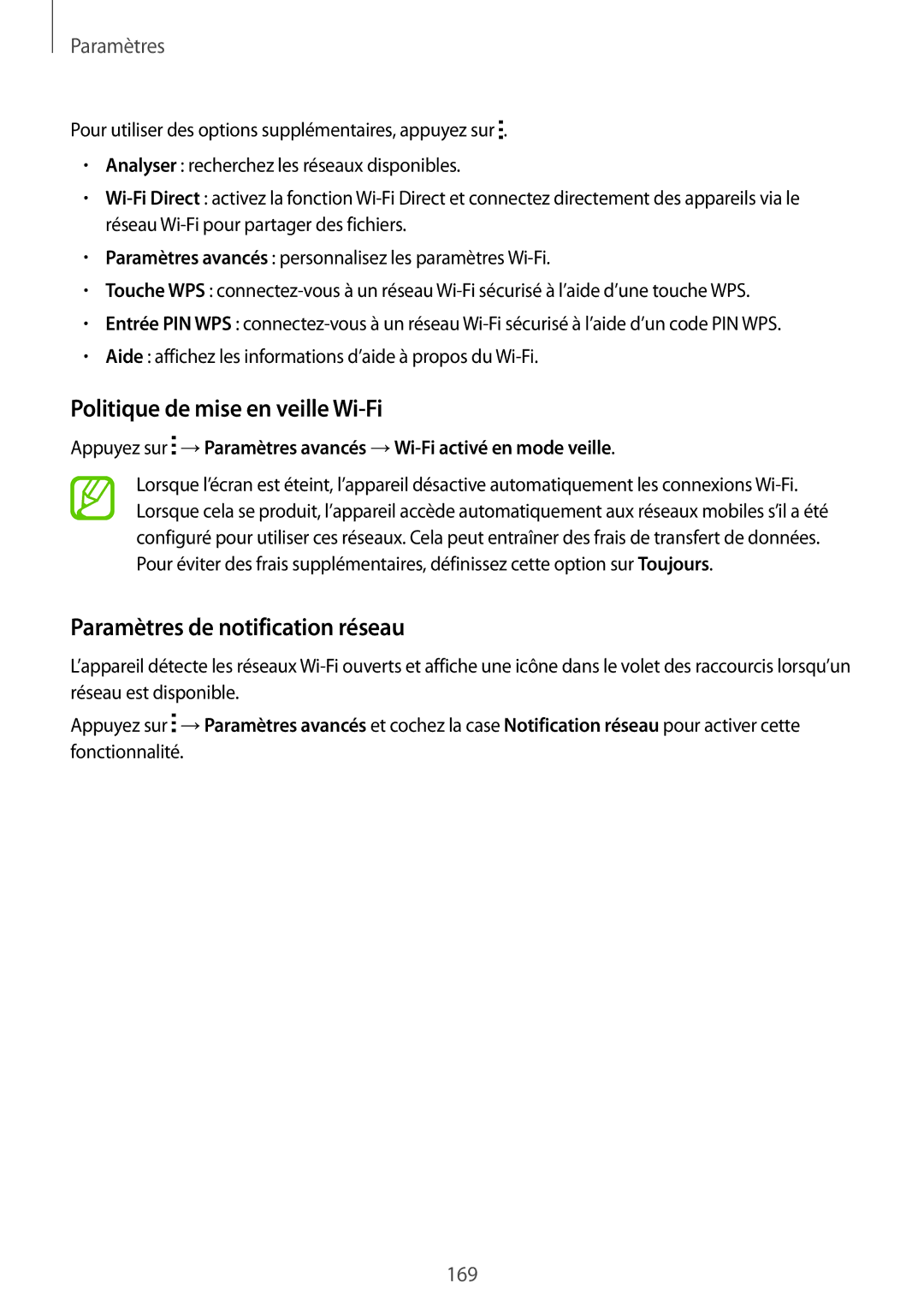 Samsung SM-G850FZDEFTM, SM-G850FZKEXEF, SM-G850FHSEBOG Politique de mise en veille Wi-Fi, Paramètres de notification réseau 