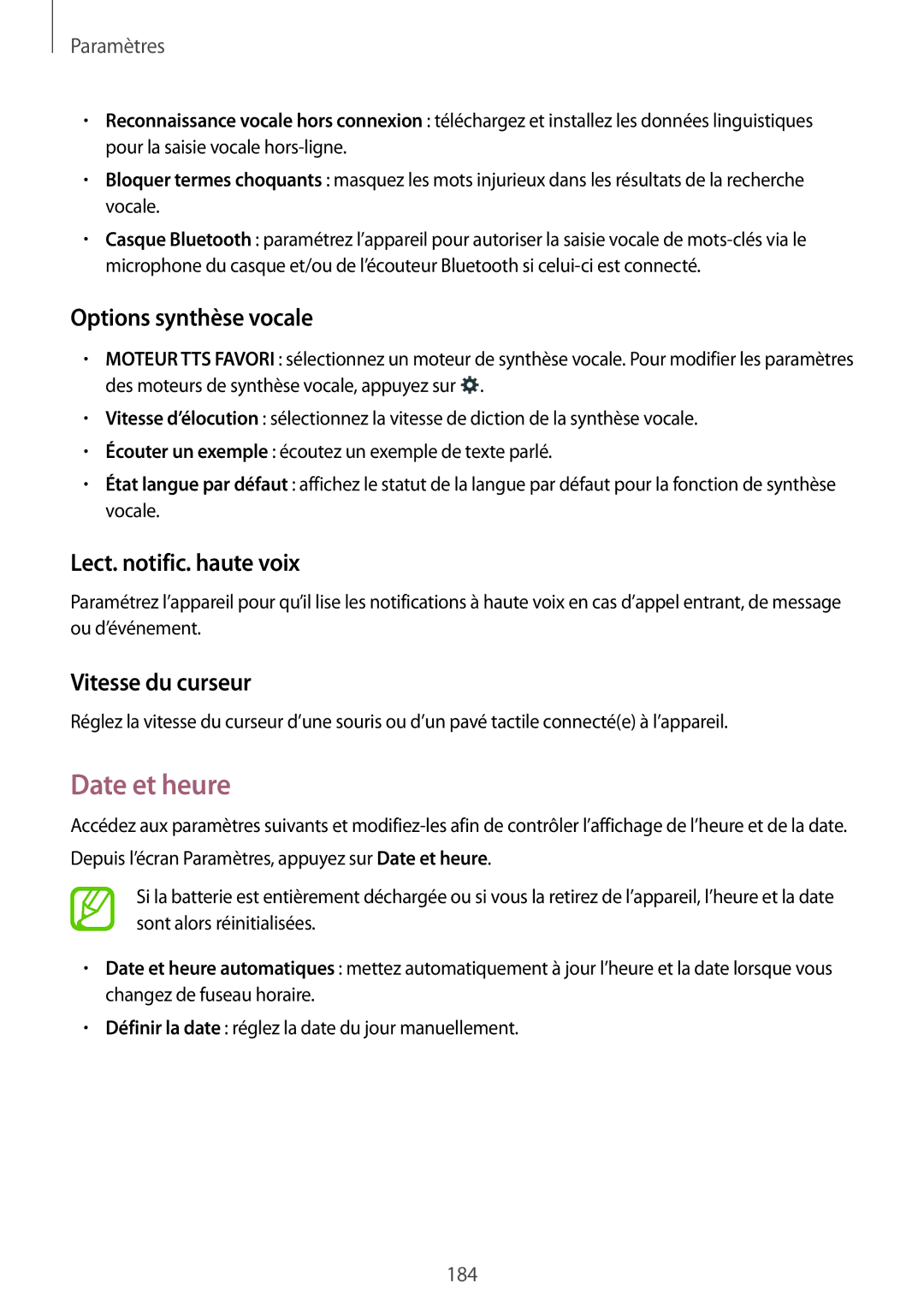 Samsung SM-G850FZDEBOG manual Date et heure, Options synthèse vocale, Lect. notific. haute voix, Vitesse du curseur 