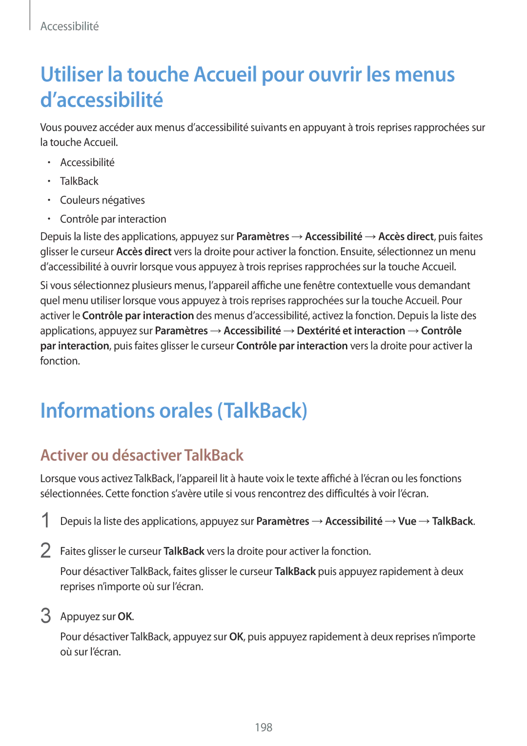 Samsung SM-G850FZKEXEF, SM-G850FHSEBOG, SM-G850FZDESFR manual Informations orales TalkBack, Activer ou désactiver TalkBack 