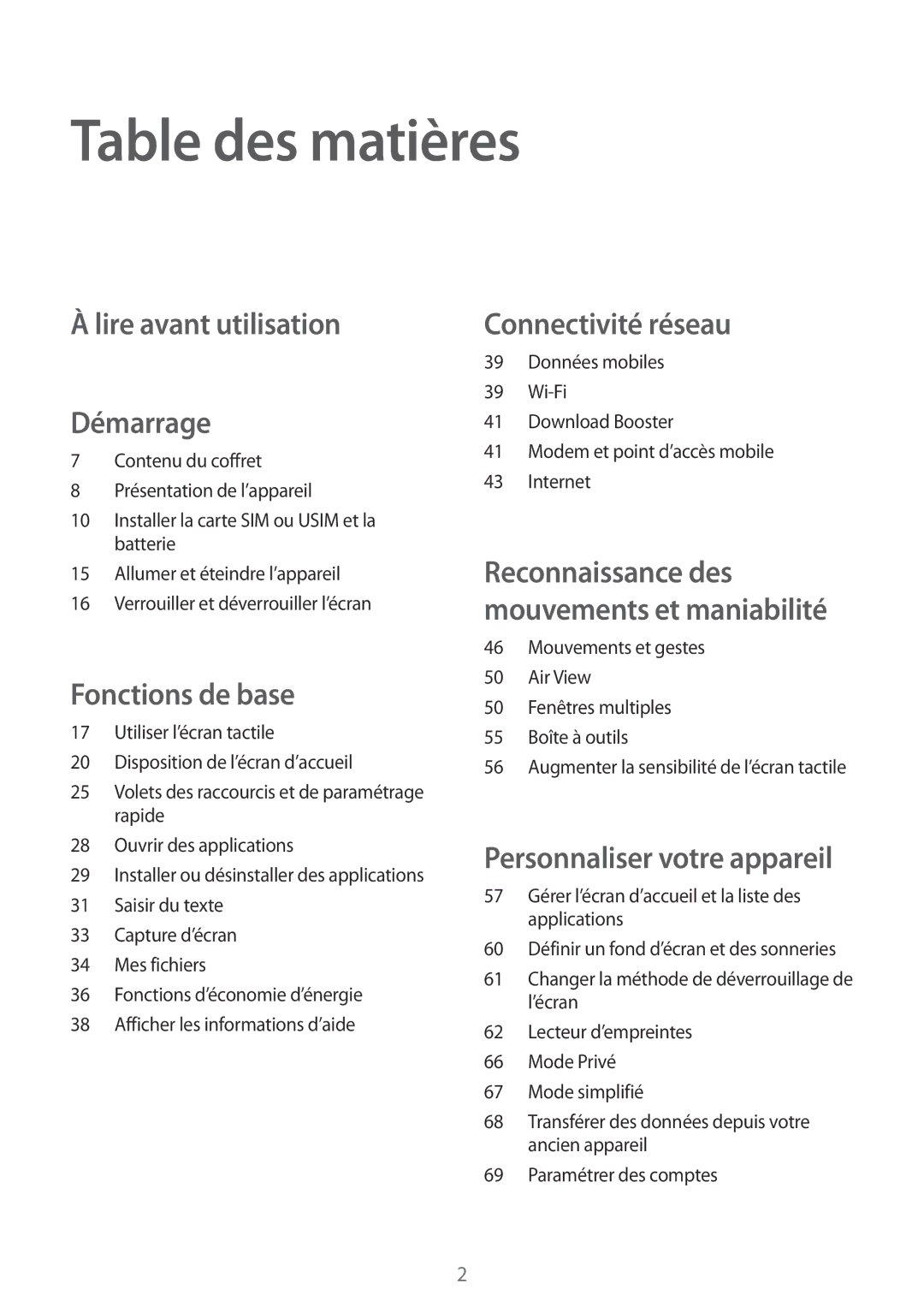 Samsung SM-G850FZDESFR, SM-G850FZKEXEF, SM-G850FHSEBOG, SM-G850FHSEXEF Table des matières, Lire avant utilisation Démarrage 