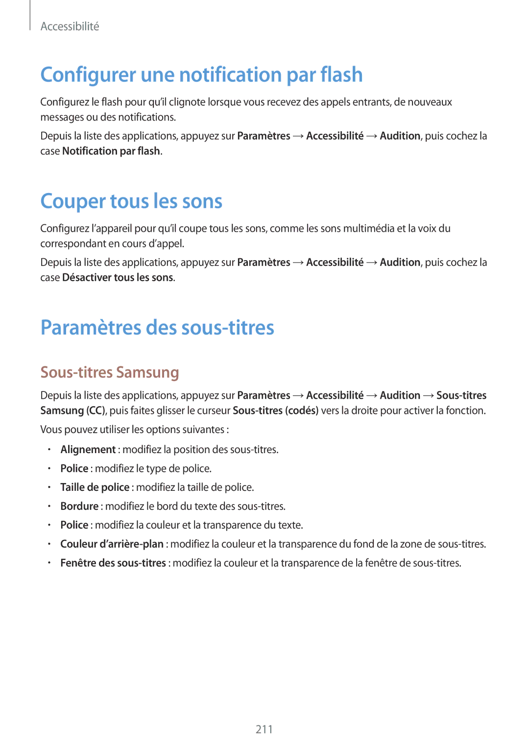 Samsung SM-G850FZDEBOG manual Configurer une notification par flash, Couper tous les sons, Paramètres des sous-titres 