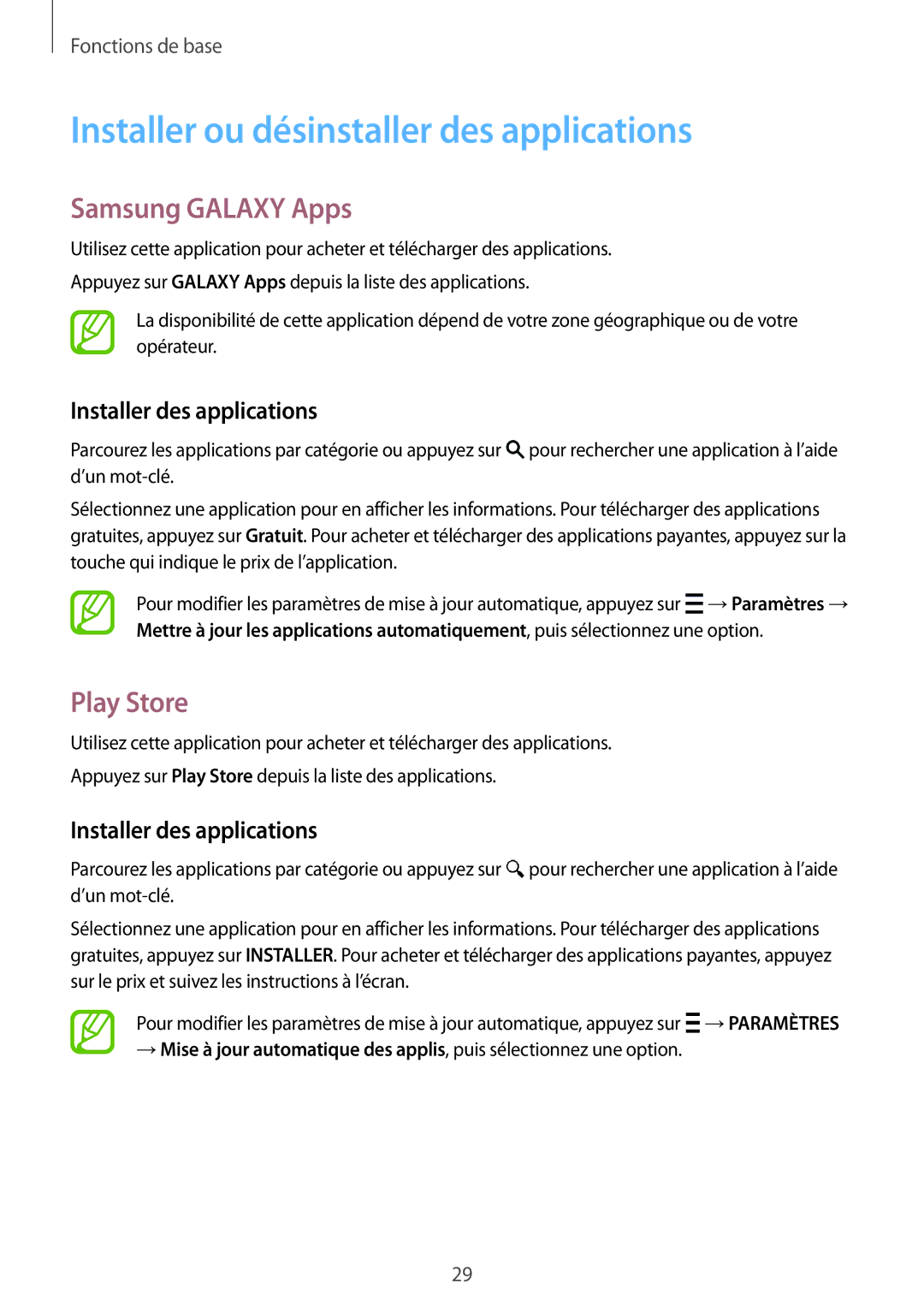 Samsung SM-G850FZDESFR, SM-G850FZKEXEF manual Installer ou désinstaller des applications, Samsung Galaxy Apps, Play Store 