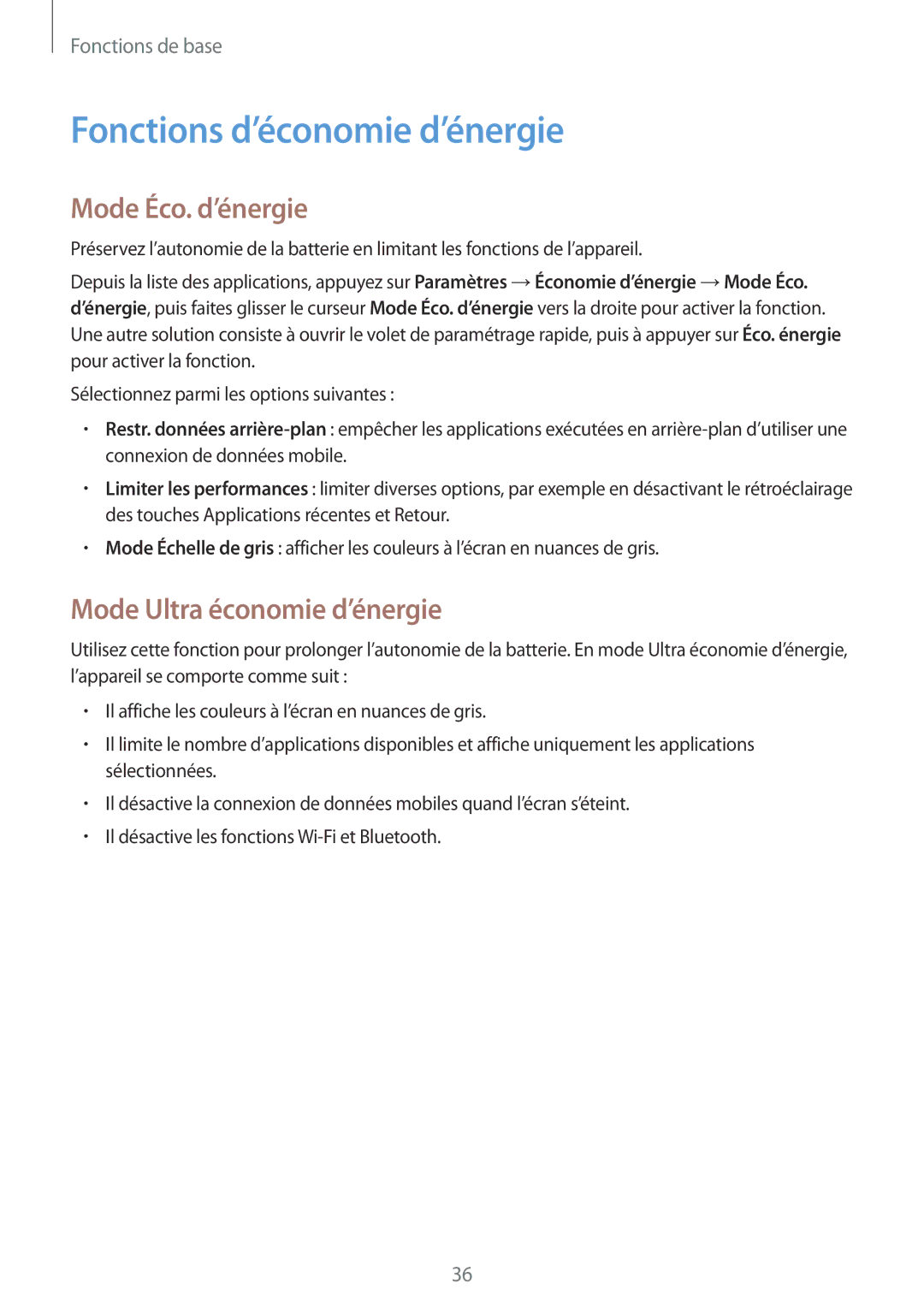 Samsung SM-G850FZKEXEF, SM-G850FHSEBOG Fonctions d’économie d’énergie, Mode Éco. d’énergie, Mode Ultra économie d’énergie 