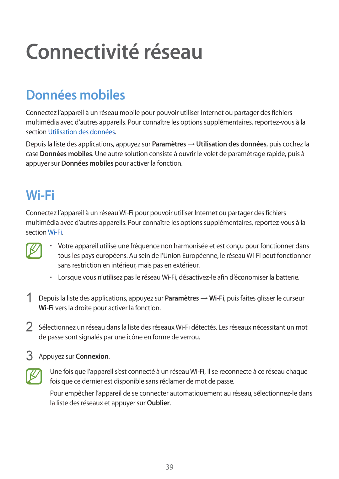 Samsung SM-G850FHSEXEF, SM-G850FZKEXEF, SM-G850FHSEBOG, SM-G850FZDESFR manual Connectivité réseau, Données mobiles, Wi-Fi 