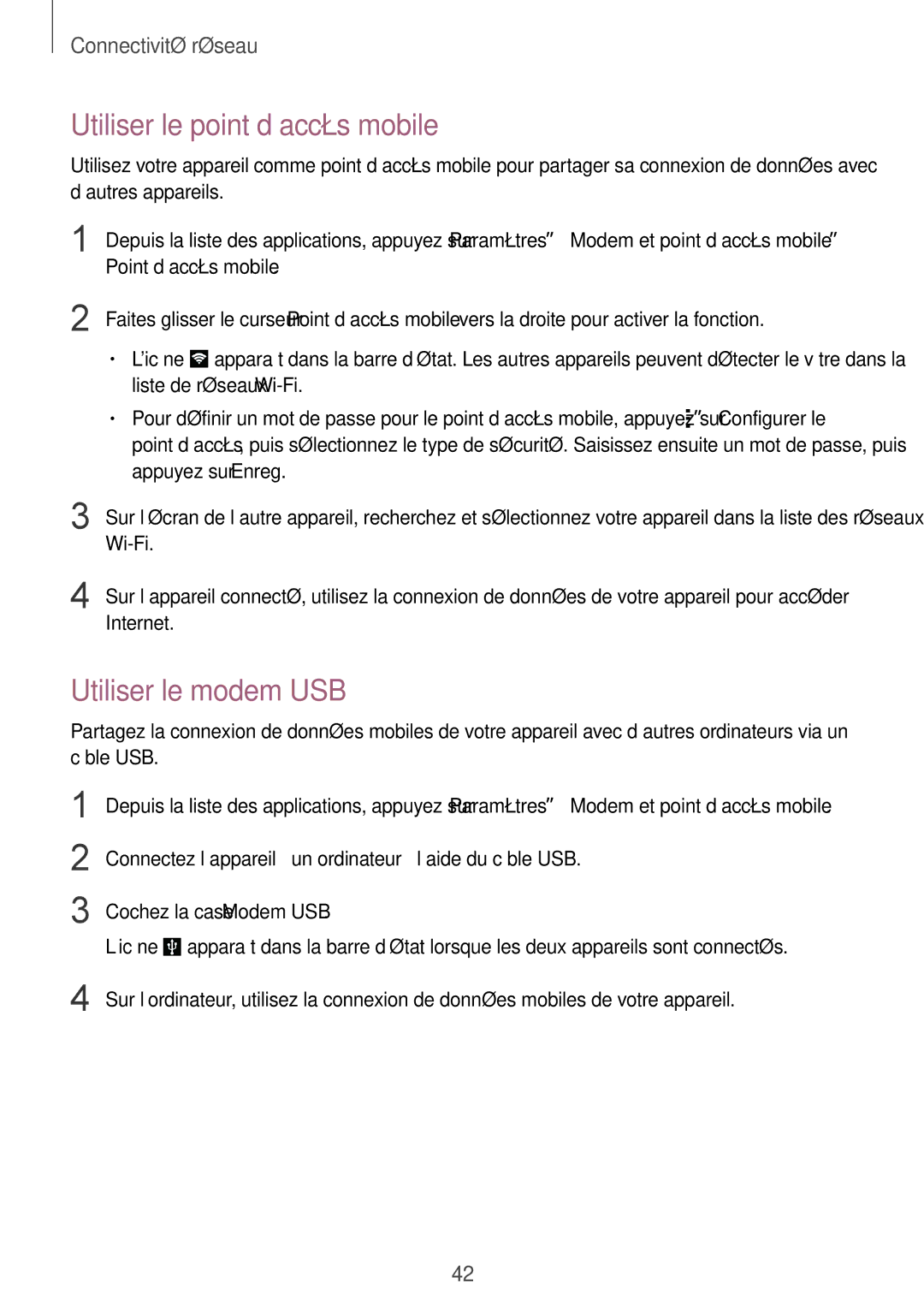 Samsung SM-G850FZDEXEF, SM-G850FZKEXEF manual Utiliser le point d’accès mobile, Utiliser le modem USB, Point d’accès mobile 