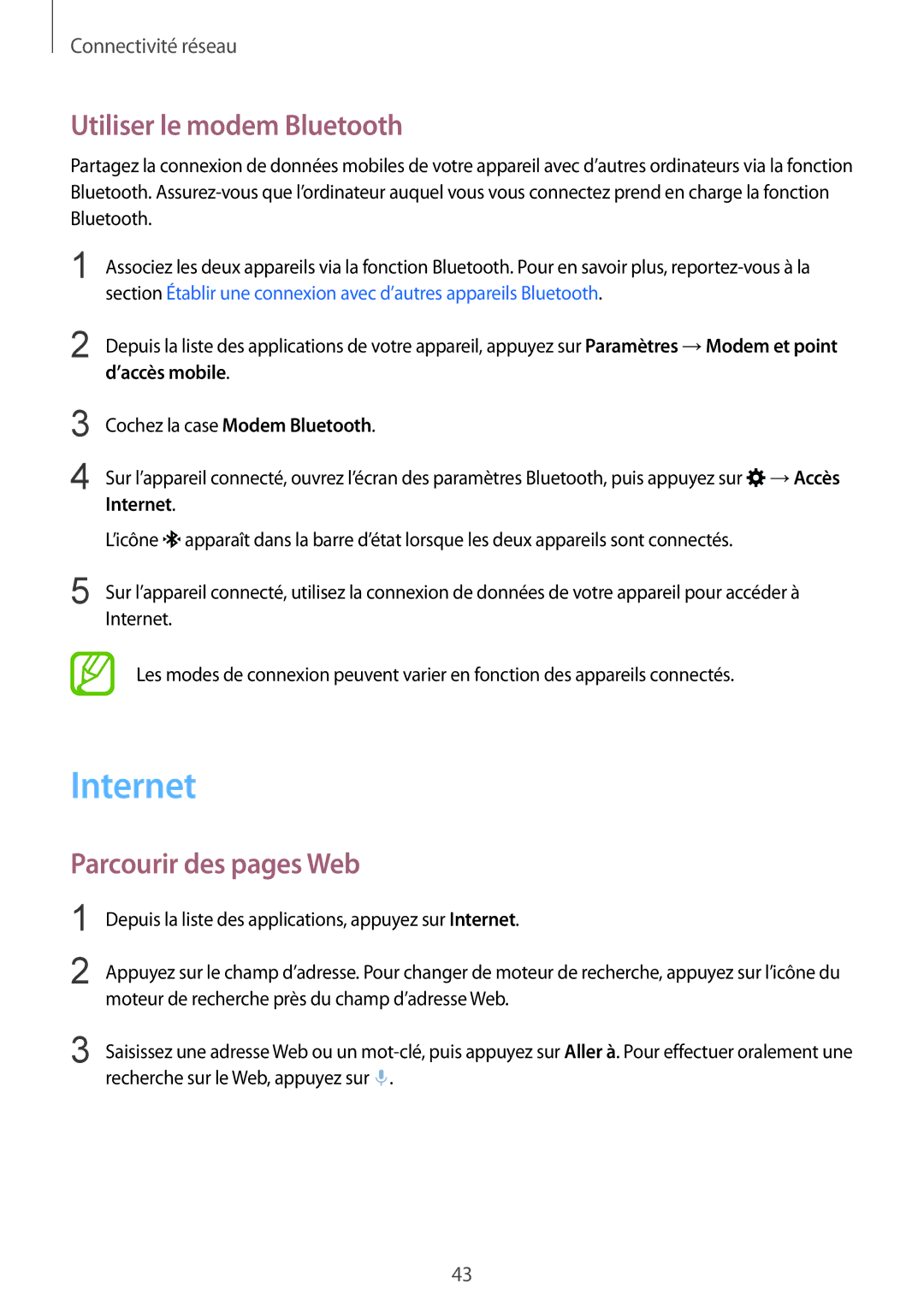 Samsung SM-G850FZDEFTM, SM-G850FZKEXEF manual Internet, Utiliser le modem Bluetooth, Parcourir des pages Web, ’accès mobile 