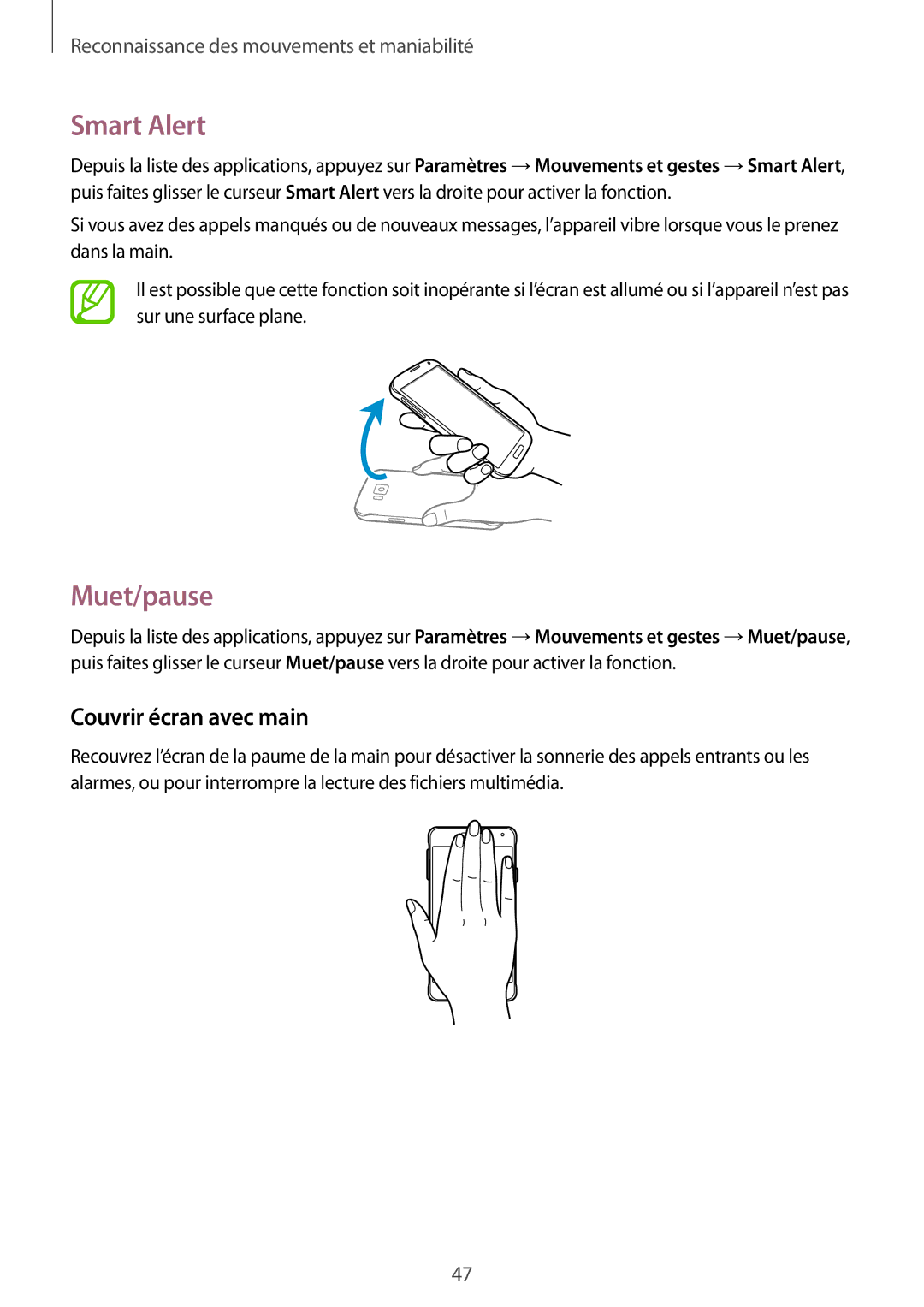 Samsung SM-G850FZDESFR, SM-G850FZKEXEF, SM-G850FHSEBOG, SM-G850FHSEXEF manual Smart Alert, Muet/pause, Couvrir écran avec main 