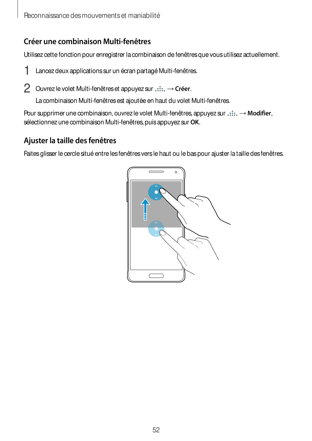 Samsung SM-G850FZDEFTM, SM-G850FZKEXEF, SM-G850FHSEBOG Créer une combinaison Multi-fenêtres, Ajuster la taille des fenêtres 