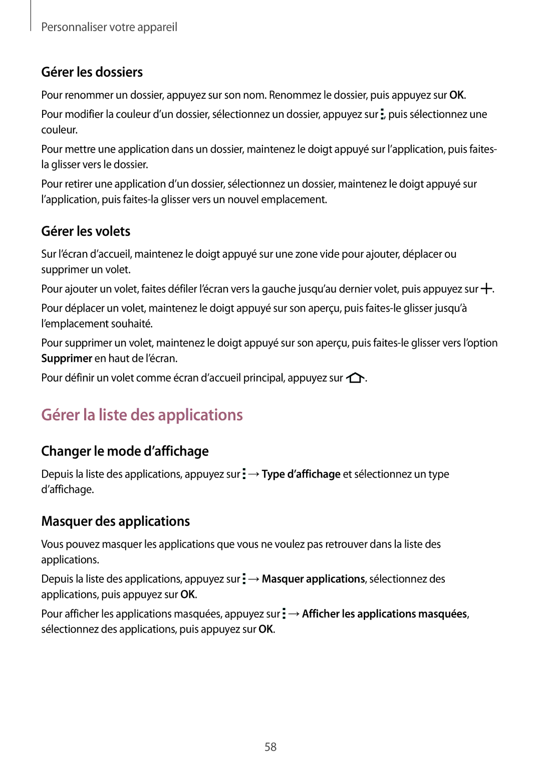 Samsung SM-G850FZDEBOG Gérer la liste des applications, Gérer les dossiers, Gérer les volets, Changer le mode d’affichage 