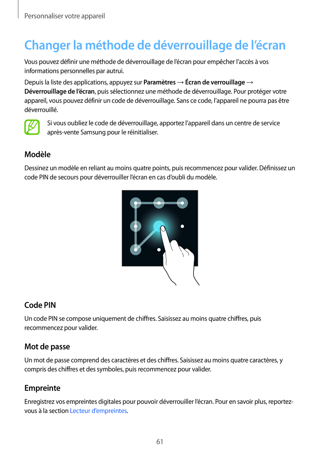 Samsung SM-G850FZDEFTM, SM-G850FZKEXEF, SM-G850FHSEBOG, SM-G850FZDESFR manual Modèle, Code PIN, Mot de passe, Empreinte 