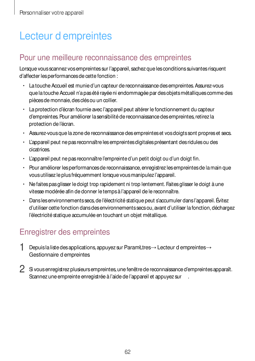 Samsung SM-G850FHSESFR Lecteur d’empreintes, Pour une meilleure reconnaissance des empreintes, Enregistrer des empreintes 