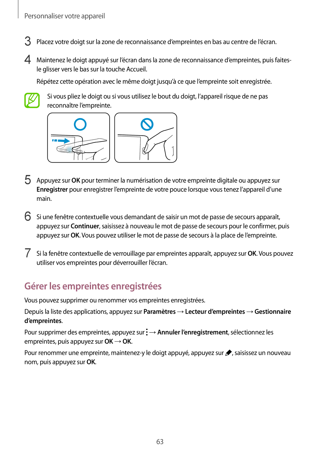 Samsung SM-G850FZKEXEF, SM-G850FHSEBOG, SM-G850FZDESFR, SM-G850FHSEXEF, SM-G850FZDEBOG manual Gérer les empreintes enregistrées 