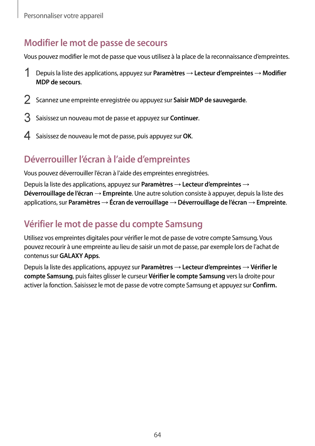 Samsung SM-G850FHSEBOG Modifier le mot de passe de secours, Déverrouiller l’écran à l’aide d’empreintes, MDP de secours 