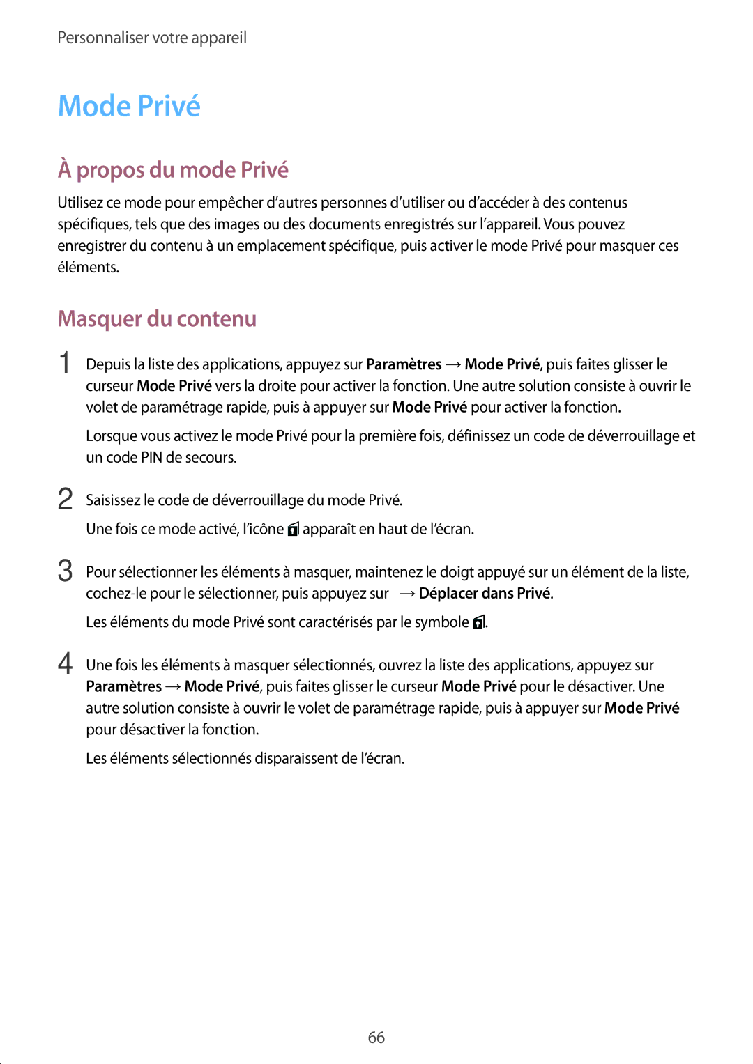 Samsung SM-G850FHSEXEF, SM-G850FZKEXEF, SM-G850FHSEBOG, SM-G850FZDESFR Mode Privé, Propos du mode Privé, Masquer du contenu 