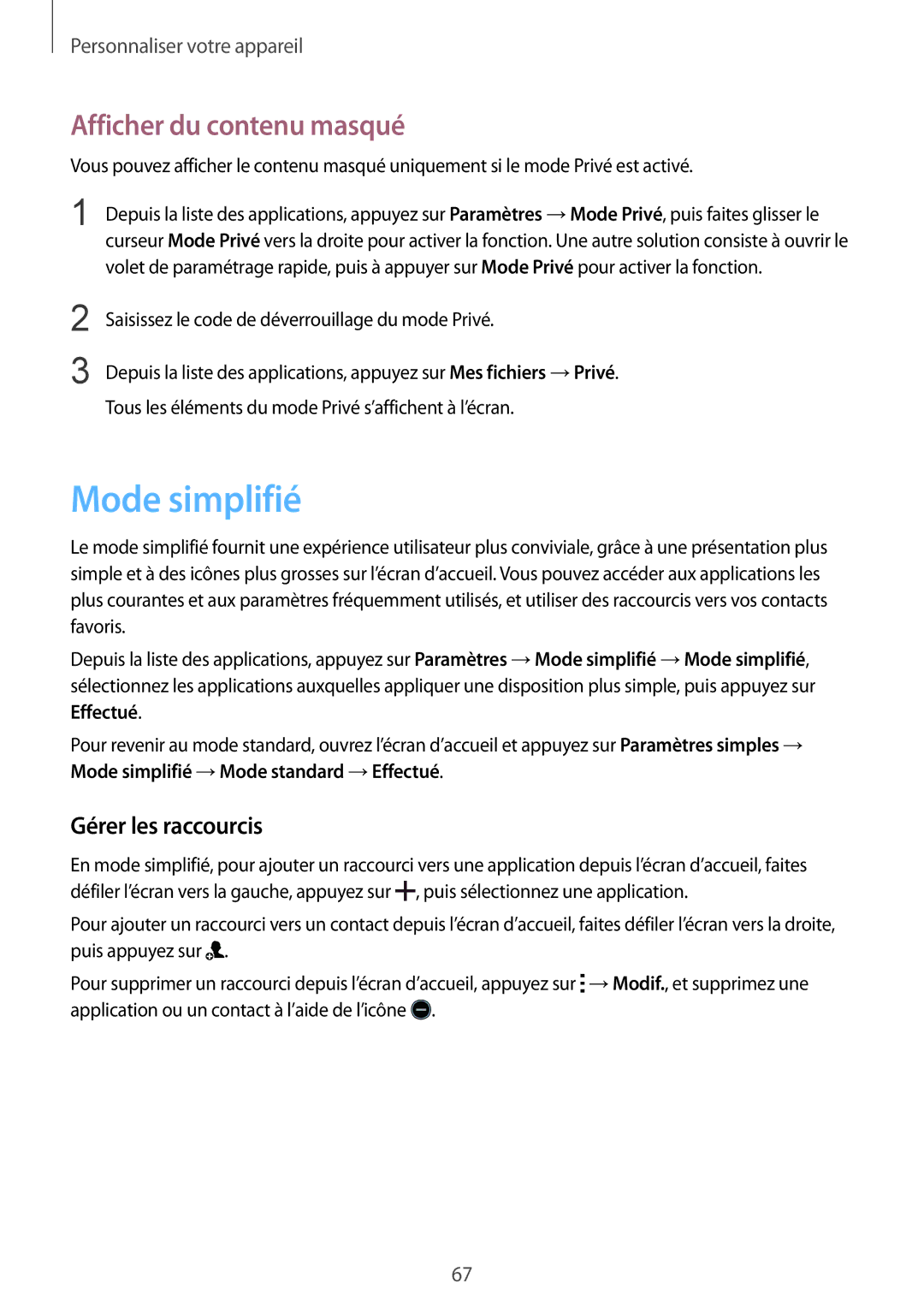 Samsung SM-G850FZDEBOG, SM-G850FZKEXEF, SM-G850FHSEBOG Mode simplifié, Afficher du contenu masqué, Gérer les raccourcis 