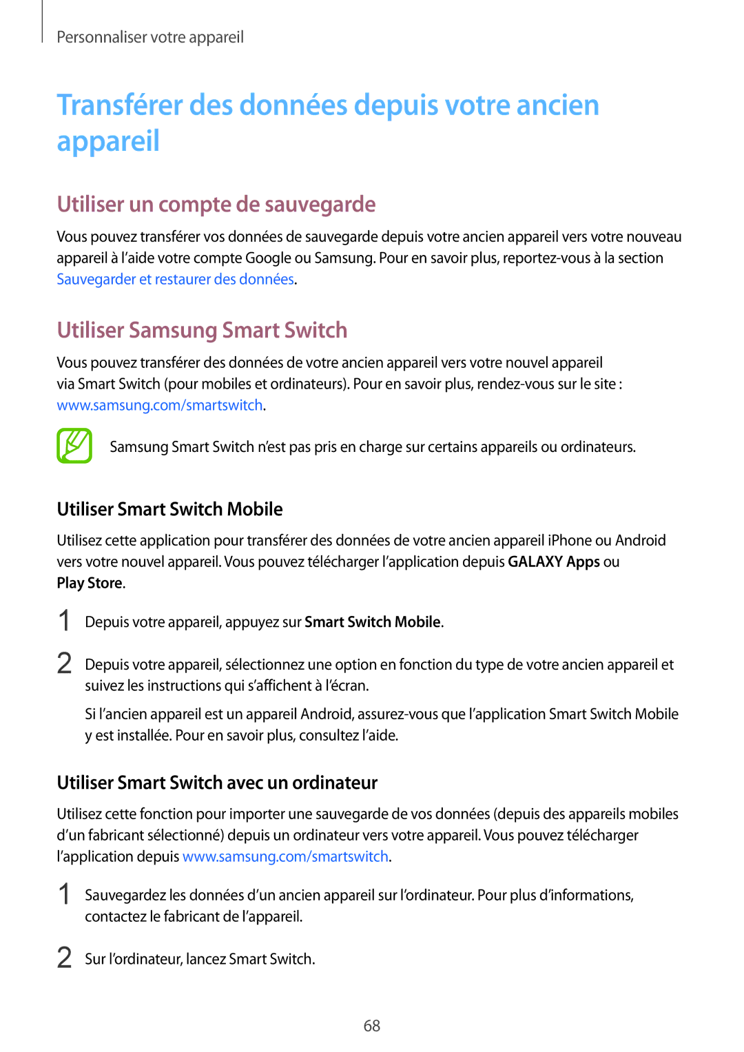 Samsung SM-G850FHSEFTM manual Transférer des données depuis votre ancien appareil, Utiliser un compte de sauvegarde 