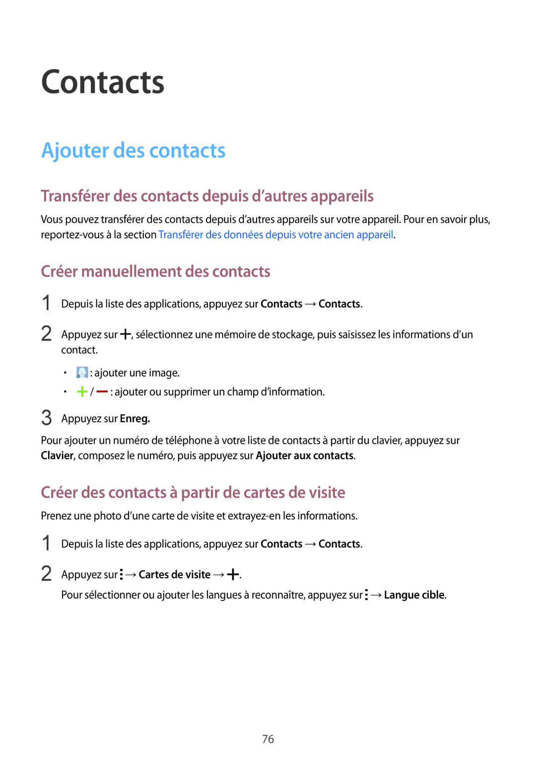 Samsung SM-G850FZDEBOG, SM-G850FZKEXEF Contacts, Ajouter des contacts, Transférer des contacts depuis d’autres appareils 