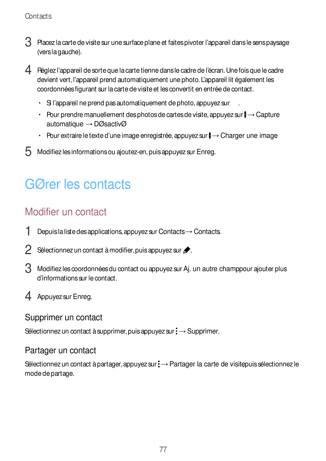 Samsung SM-G850FHSEFTM, SM-G850FZKEXEF Gérer les contacts, Modifier un contact, Supprimer un contact, Partager un contact 