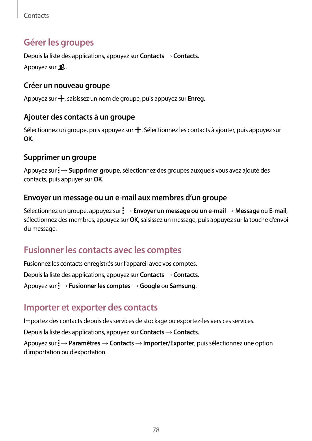 Samsung SM-G850FZDEXEF manual Gérer les groupes, Fusionner les contacts avec les comptes, Importer et exporter des contacts 